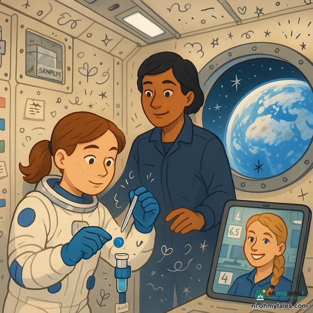 Een vrouwelijke astronaut van ongeveer 28 jaar met kastanjebruin paardenstaartje, rond gezicht met sproeten, kalme geconcentreerde blik, draagt een wit ruimtepak met blauwe strepen en handschoenen, houdt een transparante pipet en laat zacht een kleine blauwe bolvormige druppel naar een klein glazen buisje vastgemaakt met klittenband zweven; een vrouwelijke commandant van ongeveer 40 jaar, getinte huid, kort zwart haar, zorgzame maar alert blik, in donkerblauw uniform zweeft bij een bedieningspaneel en legt bemoedigend een hand vlakbij de astronaut; een jonge technica van circa 25 jaar met blond gevlochten haar en glimlach verschijnt op een tabletscherm met achtergrond van een controlekamer op aarde en geeft aanwijzingen met kleine labels; interieur: laboratoriumhoek van een ruimtemodule met crèmekleurige metalen wanden, schroeven en panelen, kleurrijke klittenbandriemen, transparante dozen, koude LED-lampen en een grote ronde raam met blauw-witte aarde op de achtergrond; hoofdtafereel toont de perfect bolle blauwe druppel die in microzwaartekracht zacht naar het buisje rolt, omringd door bevestigde instrumenten, handgeschreven labels en lichte doodles (pijlen, sterren, kleine notities) voor een jeugdige uitstraling, levendige contrastrijke kleuren, zachte lijnen, koude LED-verlichting en warme gloed van de aarde.