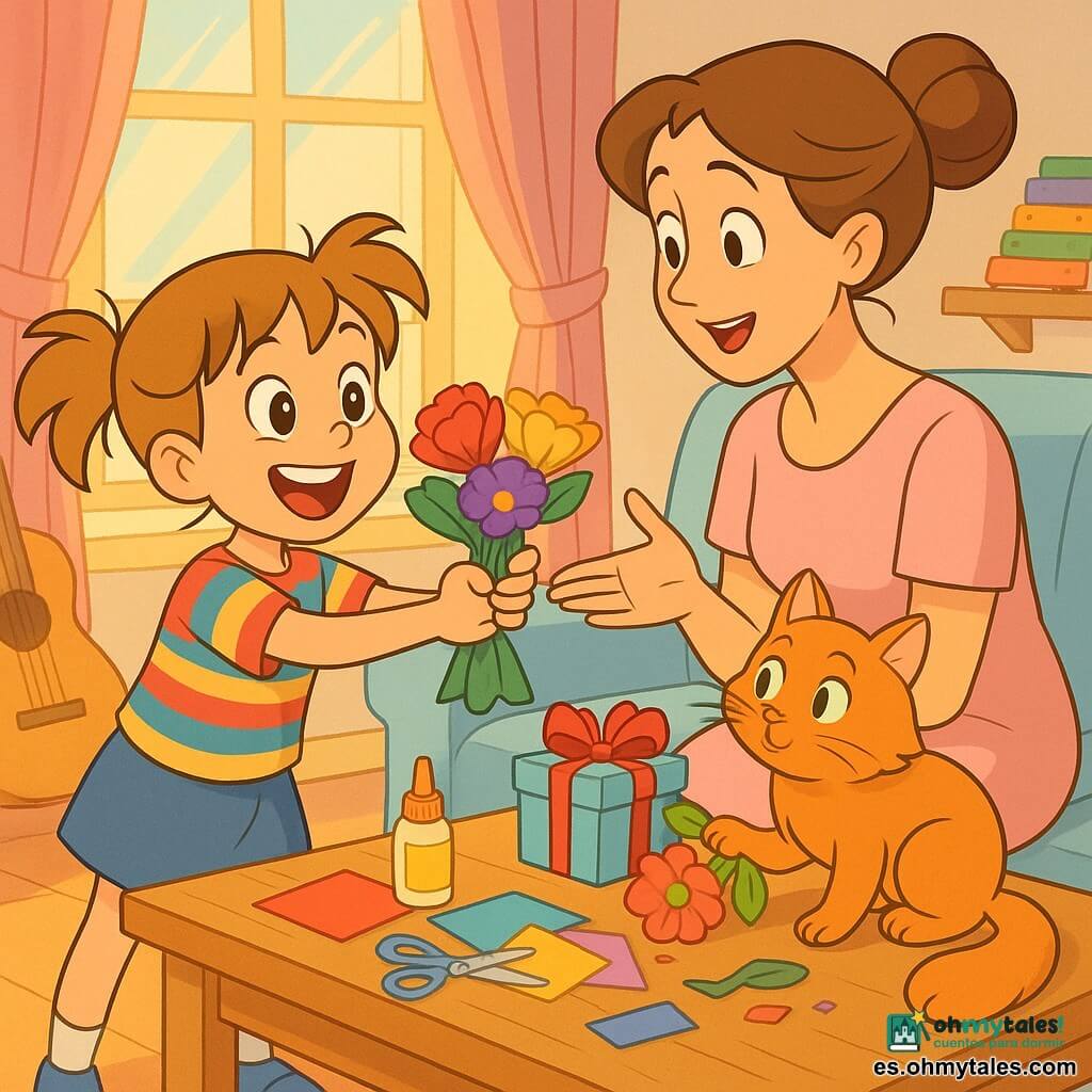 Niña de 8 años feliz y orgullosa, cabello castaño claro en coletas algo despeinadas, ojos grandes y brillantes, camisa a rayas colorida y falda corta; ofrece sonriente un pequeño ramo de flores de papel crepé de colores vivos (rojo, amarillo, violeta). Madre adulta (30–35 años) de rostro dulce, cabello castaño recogido en un moño suelto y vestido pastel sencillo; sentada en un sofá recibe el ramo con sorpresa y ternura, manos abiertas hacia la niña. Gato rojizo llamado Chispa, pelaje esponjoso y ojos verdes, sobre la mesa junto a la caja de regalo, curioso con las patas ligeramente sobre el tejido del ramo. Salón luminoso de mañana, cortinas rosas dejando pasar rayos dorados, mesa baja de madera clara con papeles de colores, tijeras y pegamento dispersos, guitarra apoyada en la pared y pequeño xilófono arcoíris en una estantería. Situación principal: momento tierno y alegre de la niña que regala el ramo a su madre; composición centrada, colores cálidos y pastel, expresiones faciales exageradas tipo dibujo animado y ambiente familiar y suave.
