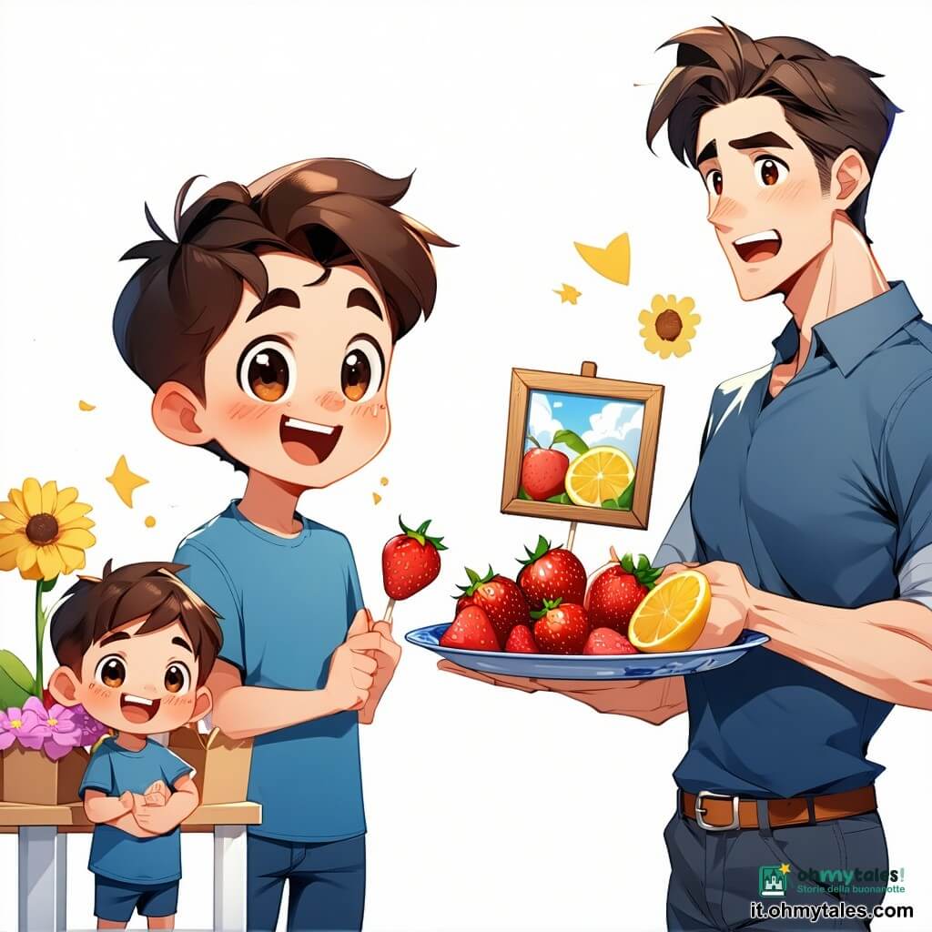 Un ragazzo di 10 anni, felice e un po' orgoglioso, capelli castani spettinati, occhi grandi e brillanti, con T-shirt blu e jeans, tiene una piccola foto incorniciata in cartone decorato e un vassoio con "fiori" di frutta; suo fratellino Milo di 6 anni, sorridente e malizioso, capelli biondi, tiene uno stecchino con una fragola a sinistra del tavolo; il padre (35–40 anni), sorpreso ed emozionato, barba leggera e camicia a quadri, in pantofole vicino al tavolo che guarda la foto e il vassoio; un cagnolino color biscotto in movimento ha fatto cadere una fetta di mela a destra dei bambini; cucina calda e luminosa con tavolo in legno chiaro, finestra con tenda che lascia entrare la luce del mattino, tazze, coltelli e un piano di lavoro con pezzi di frutta e forbici; situazione tenera e gioiosa; colori netti e vivaci, contrasti morbidi, composizione incentrata sui volti espressivi, stile manga per bambini con tratti rotondi ed espressioni accentuate.