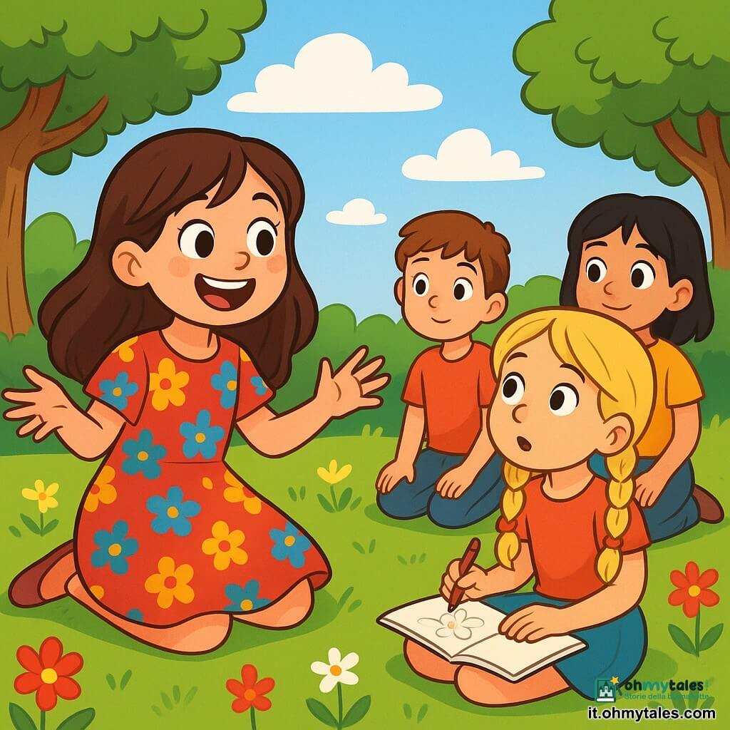 Una bambina di 6 anni, Nina, con lunghi capelli castani e occhi scintillanti di curiosità, è seduta sull'erba verde, con un grande sorriso luminoso sul viso. Indossa un vestito colorato con motivi floreali e fa gesti gioiosi con le braccia, come se stesse raccontando una storia magica. Accanto a lei, la sua migliore amica Sara, anch'essa di 6 anni, ha capelli biondi e trecce. Ascolta attentamente, con gli occhi spalancati per meraviglia, seduta a gambe incrociate sull'erba, con un piccolo quaderno da disegno sulle ginocchia. Un gruppo di tre bambini, un ragazzo dai capelli castani e una ragazza dai capelli neri, si trova un po' più lontano, catturati dal racconto di Nina, con espressioni curiose sui volti. Il luogo è un parco soleggiato, pieno di alberi maestosi con foglie verdi brillanti, fiori colorati che danzano nel vento e un cielo blu chiaro punteggiato di nuvole bianche e soffici. La scena principale mostra Nina mentre racconta una storia magica ai suoi amici, con gesti animati, mentre i bambini la ascoltano con fascinazione, creando un'atmosfera di gioia e amicizia, dove ognuno si sente accettato e speciale.