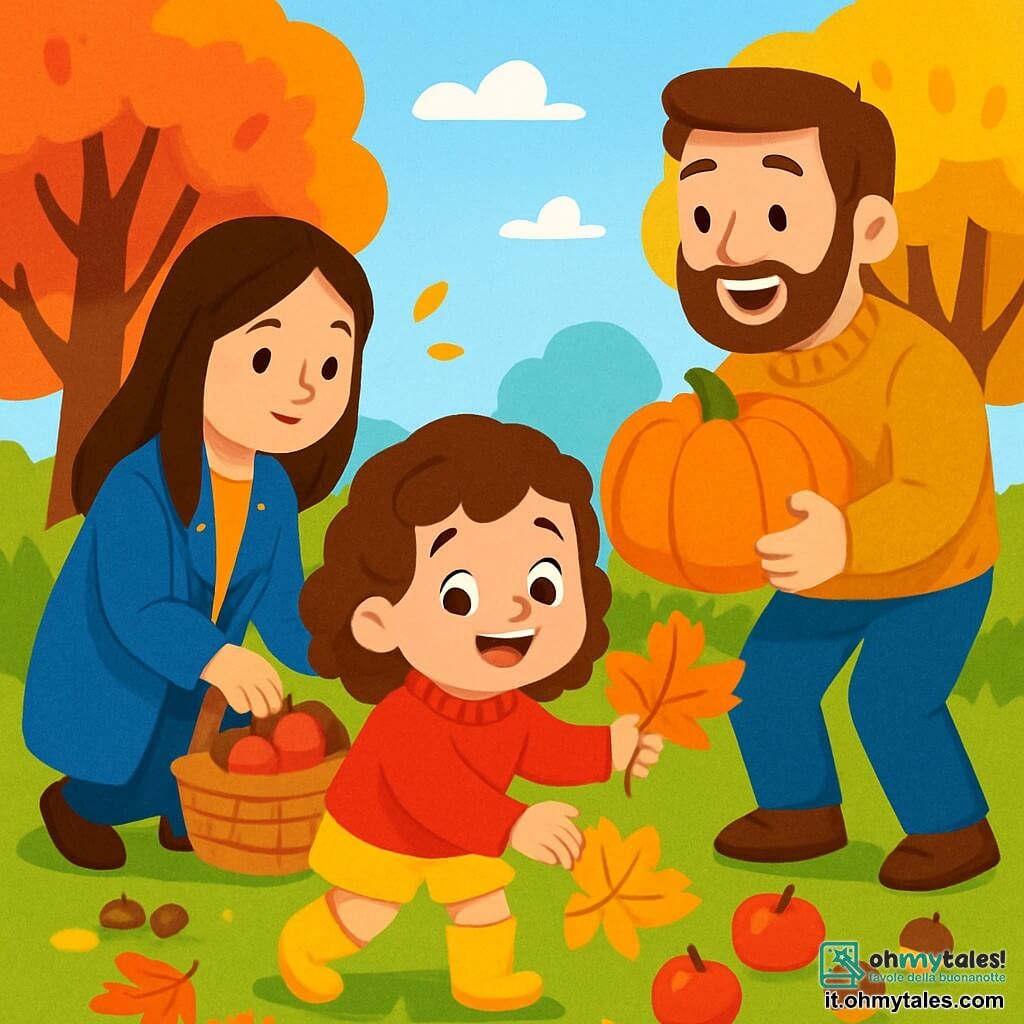 Una bambina di 4 anni, con capelli ricci castani e occhi scintillanti di gioia, sta raccogliendo foglie d'autunno. Indossa un maglione rosso vivo e stivali gialli di gomma, con un grande sorriso sul volto. Accanto a lei, sua madre, una donna di circa 30 anni con capelli lunghi e lisci, indossa un cappotto blu e aiuta a raccogliere mele in un cesto. Il padre, un uomo di circa 35 anni con una barba morbida e un maglione di lana, sta sollevando una grande zucca, ridendo con la figlia. La scena si svolge in un giardino autunnale vibrante, con alberi dalle foglie rosse, gialle e arancioni, e un cielo azzurro chiaro. Mele lucenti e castagne sono sparse per terra, mentre una dolce luce dorata illumina il tutto. La bambina è felice, circondata dalla sua famiglia, godendosi una bella giornata di raccolta.