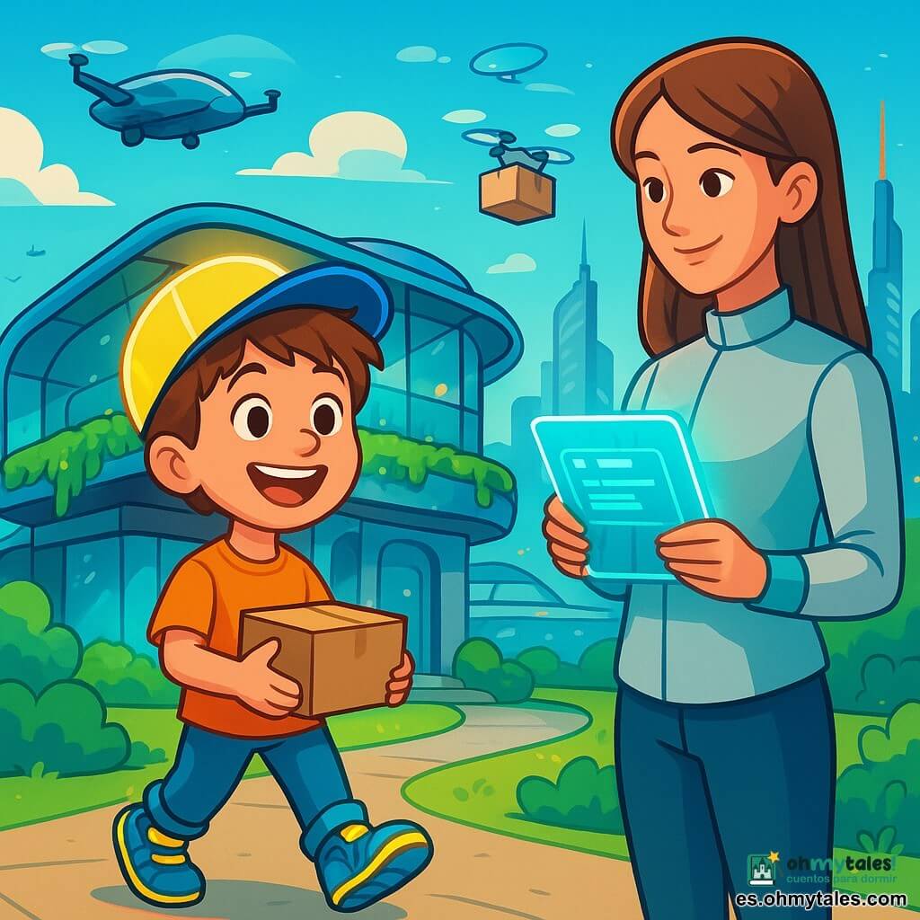 Un niño de 8 años, Leo, con cabello castaño desordenado y ojos brillantes de curiosidad, está frente a su casa futurista. Lleva una gorra luminosa y zapatos que parecen listos para hacerlo saltar, con una gran sonrisa en su rostro. A su lado, su mamá, una mujer de unos 30 años con cabello largo y liso, vestida con una blusa tecnológica, lee un holograma flotante mientras le lanza una mirada alentadora. Su casa es una estructura moderna de vidrio y metal, rodeada de jardines colgantes, con drones volando alrededor, entregando paquetes. Al fondo, la ciudad futurista se extiende, con rascacielos brillantes, coches voladores y puentes luminosos. Leo sostiene una pequeña caja misteriosa en sus manos, su rostro radiante de emoción y curiosidad, listo para descubrir su contenido antes de ir al Festival de Inventos.