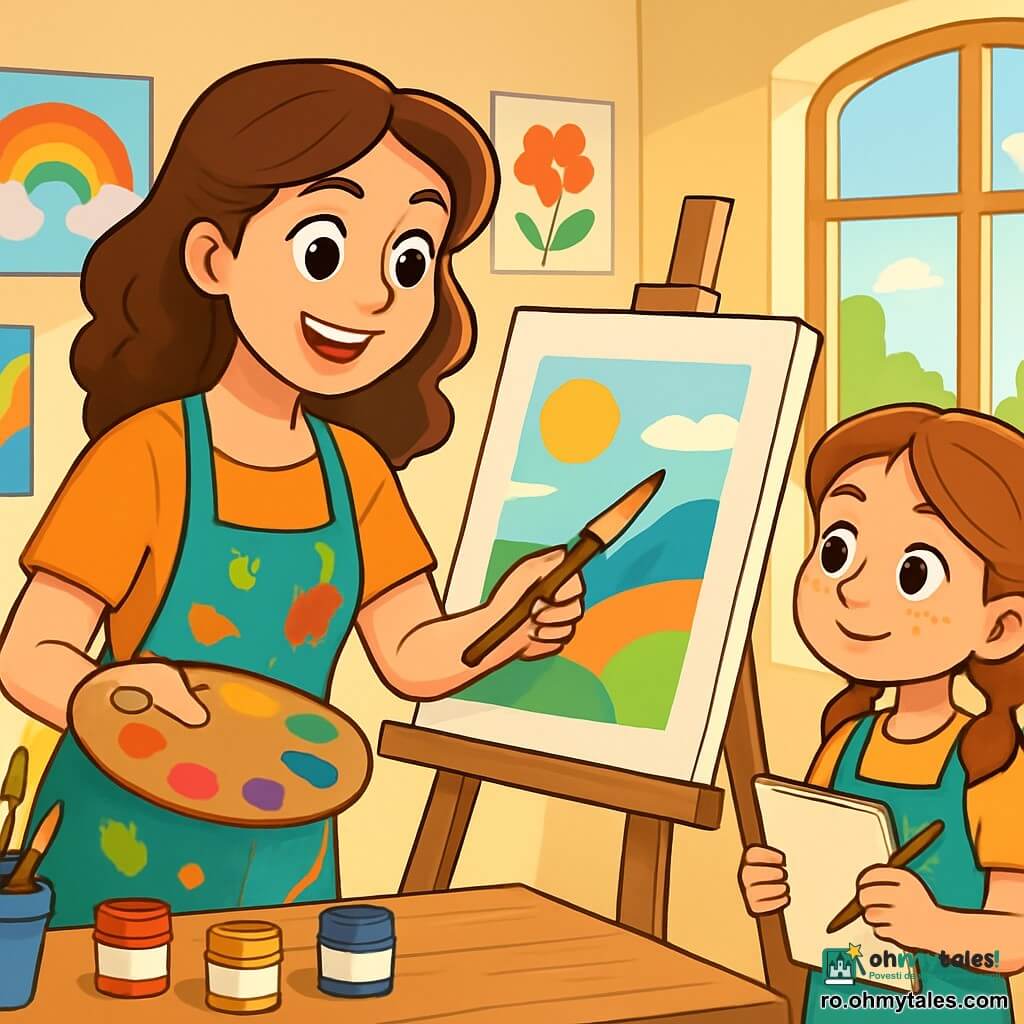 O tânără femeie, Mara, se află în centrul imaginii, cu părul ondulat brun, ochi strălucitori de creativitate și un zâmbet larg care radiază bucurie. Ea poartă un sort colorat, pătat cu vopsea, și ține o paletă plină de culori vii, în timp ce pictează cu pasiune pe un șevalet din lemn. Lângă ea, o fetiță, Ana, de aproximativ 8 ani, cu codițe și pistrui pe față, o observă cu atenție, cu ochii mari de uimire, ținând o foaie de hârtie și un creion în mâini. Decorul este un atelier luminos, cu pereți acoperiți de tablouri colorate, pensule și borcane cu vopsea împrăștiate pe o masă din lemn. Lumina soarelui pătrunde printr-o fereastră mare, iluminând camera și creând o atmosferă caldă și inspiratoare. Situația principală o arată pe Mara explicându-i Anei cum să picteze cu inima, în timp ce se pregătesc să creeze împreună o operă de artă plină de culori și emoții.