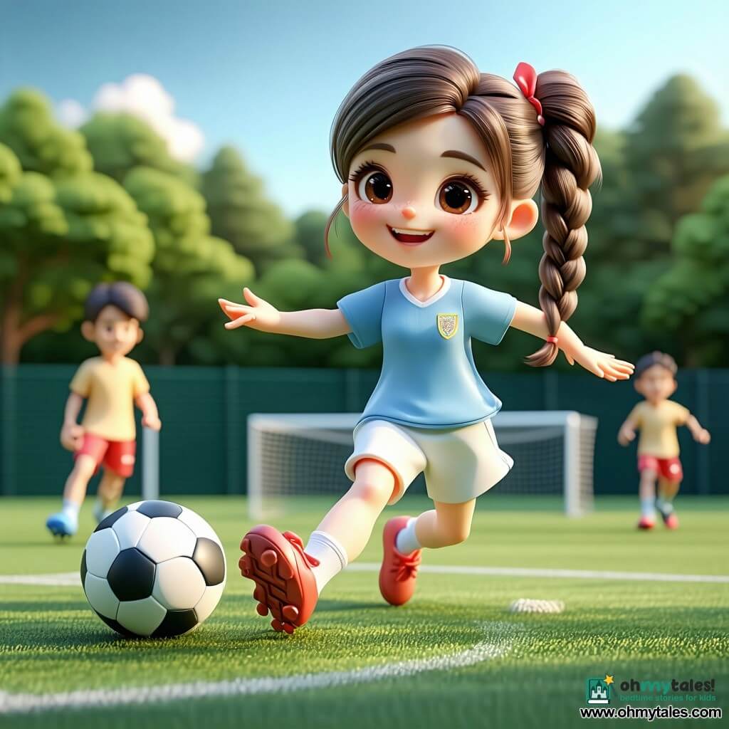 A smiling, brave young female footballer with braided brown hair, fair skin and bright eyes, wearing a light blue jersey, white shorts and red boots, elegantly passing the ball with muscular legs and a dynamic posture; to her right, about 10-year-old teammate Tom with short blond hair and a friendly smile runs to receive the pass; slightly ahead, about 11-year-old teammate Ana with a black ponytail is focused and ready to strike the ball; in the left foreground an opposing boy of about 10 with a grazed knee sits on the grass, surprised but reassured as the main player offers him her hand; the pitch has vivid green grass, crisp white lines, distant white goals, a pale blue sky with a small fluffy cloud, colorful banners and a few scarf-waving fans on the sideline; a warm, heroic late-afternoon moment — she helps an injured opponent then passes to a friend, fluid action and a joyful, caring atmosphere.