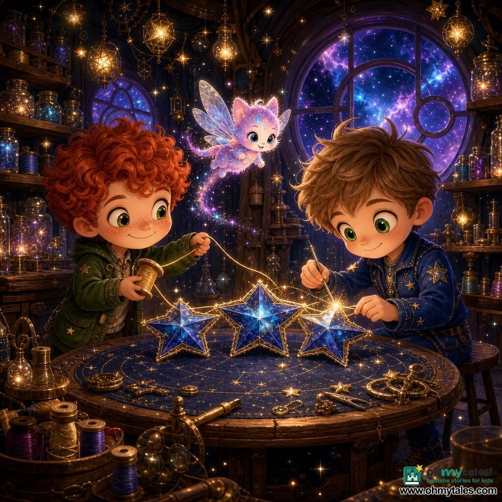 Three characters: Finn — about 10, tousled light-brown hair, bright green eyes, slim boy in a blue star-stitched jumpsuit, sitting on a stool at a large wooden cosmic table holding a glowing needle at the right; Ollie — about 10, curly red hair, freckles, green pocketed jacket, standing at left holding a spool of golden star-thread and handing the thread to Finn with a mischievous smile; Starglow Sprite — a kitten-sized luminescent creature with iridescent translucent wings and a pink-blue stardust body, hovering over the table leaving a trail of glitter. Interior cosmic workshop: dark wood-paneled walls dotted with tiny star-lanterns, rounded windows looking out to a violet-blue nebula sky, shelves of jars of stardust, spools of luminous thread and polished brass tools, floor dusted with sparkles. Main scene: Finn and Ollie mending Orion’s belt of three large suspended sapphire stars above their table, the glowing thread taut, soft sparks at the stitch, warm dim lighting, focused, companionable gestures and a cozy, glittering atmosphere.