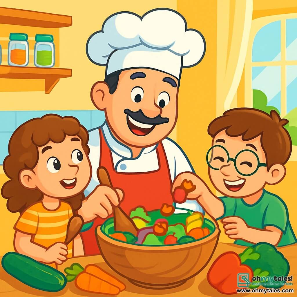 A cheerful chef in his forties wears a tall white hat and a red apron, with a broad smile on his face. He is mixing a large, colorful salad in a wooden bowl, his eyes sparkling with happiness. Next to him, an 8-year-old girl named Lucy, with curly hair and a striped t-shirt, holds a wooden spoon and looks at the chef in awe. A 7-year-old boy named Max, wearing glasses and a green t-shirt, leans in to add cherry tomatoes to the bowl, grinning widely. The scene takes place in a bright, welcoming kitchen with yellow walls and shelves filled with colorful spice jars. Fresh vegetables are arranged on the wooden countertop, and sunlight filters through a window, illuminating the room. The main situation shows the chef and the children preparing a rainbow salad together, filled with colorful vegetables, while laughing and having fun, creating a joyful and warm atmosphere.