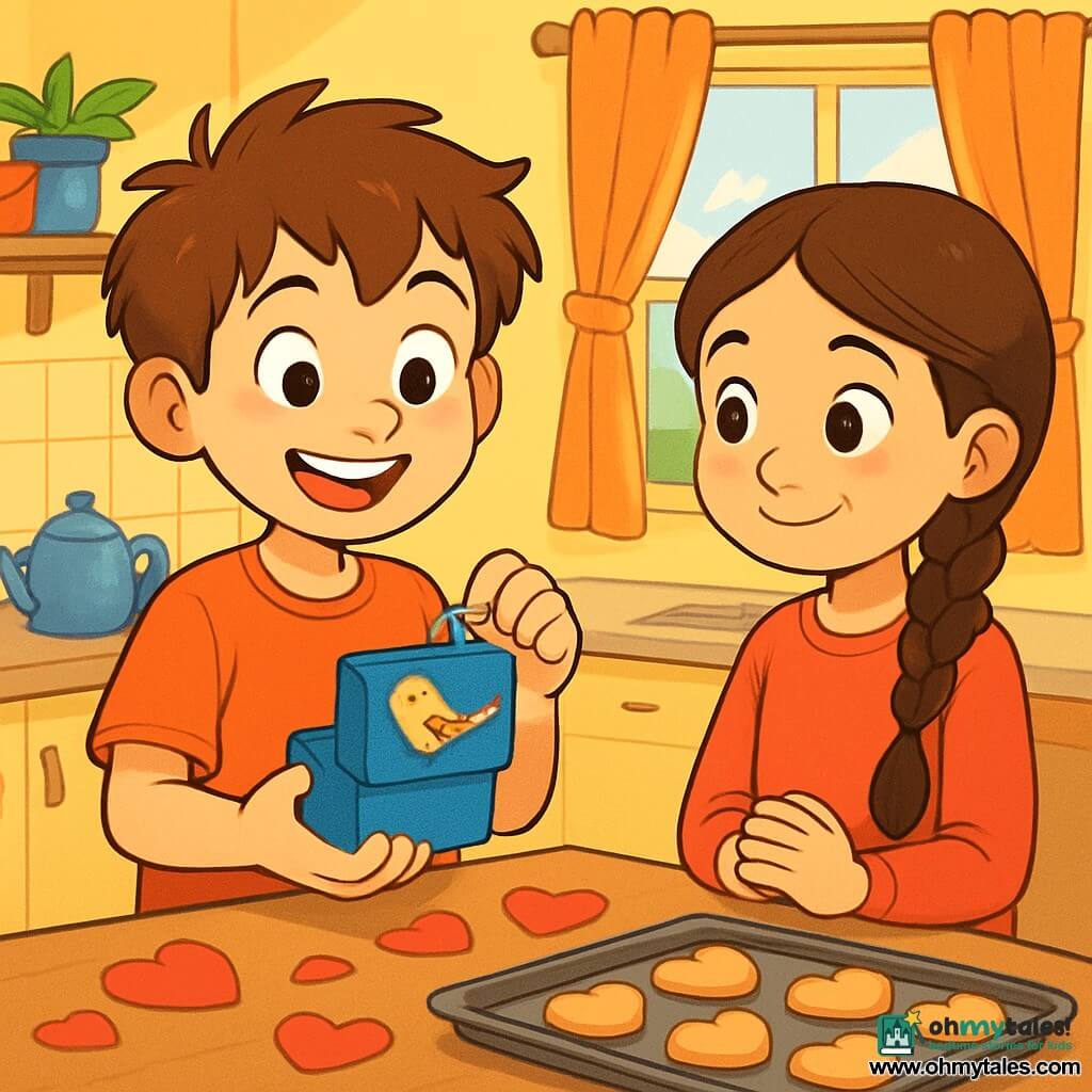 A 10-year-old boy named Tommy, with messy brown hair and sparkling curious eyes, stands in a cozy kitchen. He has a big joyful smile and slightly rosy cheeks, holding a small blue music box with a bird painted on the lid. Next to him, a 9-year-old girl, Maya, has long brown hair tied in a neat braid. She has bright eyes and a slight smile, watching Tommy closely, eager to hear the sound of the box. The kitchen is filled with golden light, with pastel yellow walls. On the table, paper hearts are scattered, and a tray of heart-shaped cookies gives off a sweet vanilla scent. The main scene shows Tommy winding up the music box, while Maya, with her hands clasped in front of her, waits excitedly. The atmosphere is joyful and full of anticipation, capturing the spirit of Valentine's Day.