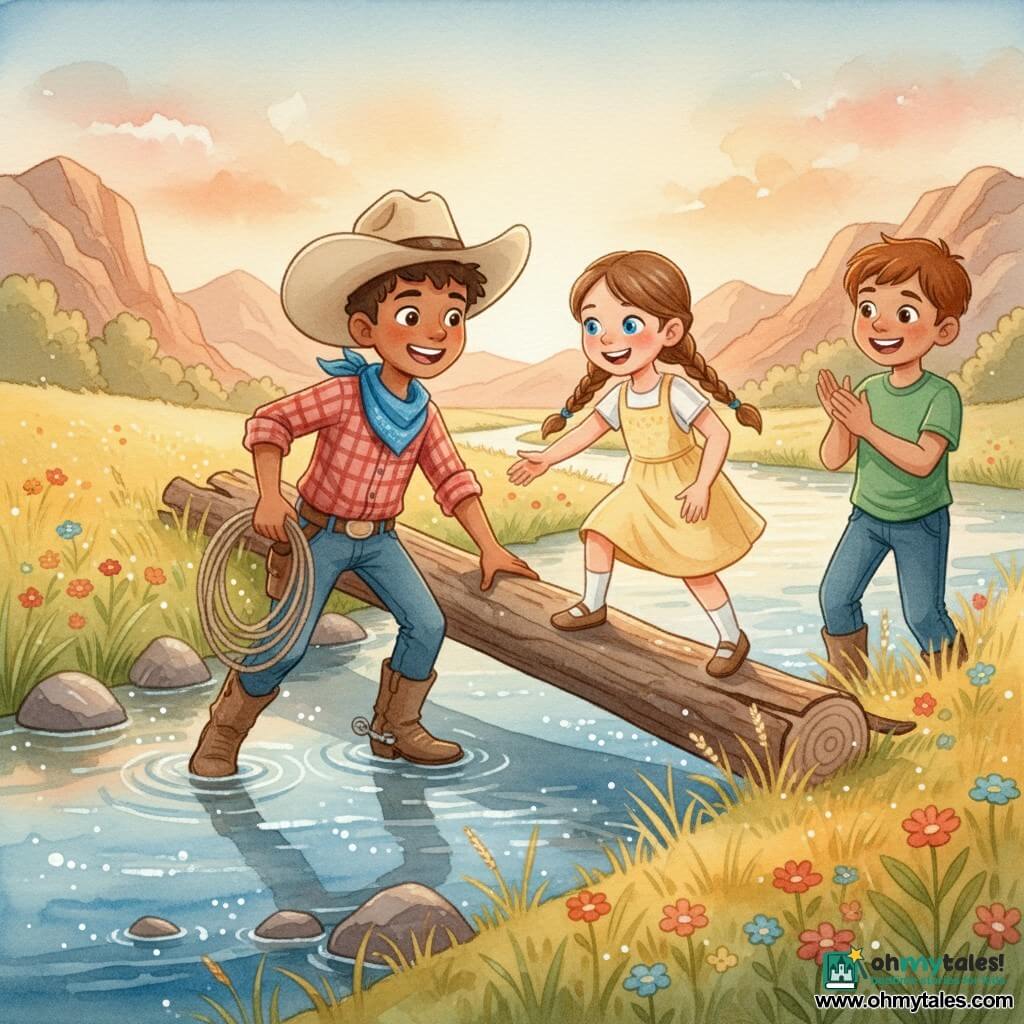 A young cowboy boy (about 11) stands center, smiling and determined, beige wide hat, red plaid shirt, blue bandana, brown boots, holding a coiled lasso and pushing a large log to form a bridge; Clara (about 9) with blue eyes and brown braids in a simple yellow dress cautiously walks on the log, hand reaching toward the cowboy, confident and joyful; Jake (about 10), sturdy and laughing with short brown hair and a green t‑shirt, stands behind Clara on the bank, applauding and ready to cross; setting: a wide, sparkling clear-blue river with grassy banks, tall golden grass, a few flowers, and gentle rocky hills, late-afternoon orange-pink sunset light; main scene: three friends cooperatively crossing the river using the log as a bridge, joyful adventure with clear expressions and warm colors.