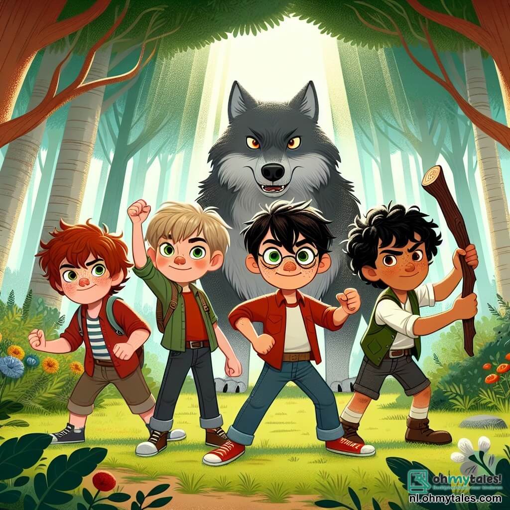 In een betoverd bos staan vier jongens van tien jaar moedig tegenover een grote boze wolf. Tom, een jongen met rommelig bruin haar en een rood T-shirt, staat links met zijn vuist omhoog. Rechts van hem kijkt Joris, een blonde jongen met ronde brillen, de wolf met grote ogen aan, terwijl hij een stok als een zwaard vasthoudt. Sam, een jongen met zwart haar en een gebruinde huid, staat iets naar achteren met een ondeugende glimlach, klaar om een grap te maken. Max, een jongen met kastanjebruin haar en sproeten, staat in het midden met zijn armen gekruist en een uitdagende blik.

De plek is een groene open plek, omringd door grote bomen met dikke stammen en felgroene bladeren. Zonnestralen komen door het loof heen en verlichten de grond, die bezaaid is met kleurrijke bloemen en paddenstoelen. In het midden staat de grote boze wolf, met een grijze vacht en brandende ogen, in een imposante houding, maar zijn uitdrukking toont nieuwsgierigheid gemengd met onzekerheid.

De situatie laat de jongens zien die de wolf uitdagen in een raadspel, elk klaar om zijn raadsel te stellen, terwijl de wolf, geïntrigeerd, aandachtig luistert en klaar is om te antwoorden. De sfeer is zowel gespannen als vol hoop, wat het moment illustreert waarop angst kan veranderen in vriendschap.