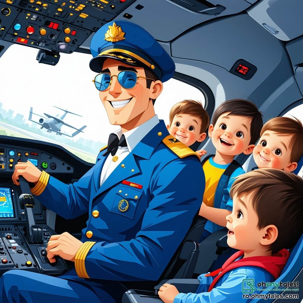 Personajul principal, Alex, este un bărbat în treizeci de ani, cu păr brun și ochi strălucitori de bucurie. El poartă o uniformă de pilot albastră, cu epauleți aurii care strălucesc la soare. Alex zâmbește larg, cu brațele deschise, pregătit să-i primească pe copii în cockpit. Lângă el, un grup de cinci copii, cu vârste între 6 și 10 ani, se uită cu uimire. O fetiță cu părul blond, purtând o șapcă roșie, ridică mâna pentru a pune o întrebare, în timp ce un băiat cu ochelari rotunzi și păr castaniu ține un avion mic din plastic, având ochii mari de curiozitate. Ceilalți copii, un băiat brunet și o fetiță roșcată, sunt așezați pe scaunele din cockpit, fascinați de butoane și lumini. Acțiunea se desfășoară în cockpitul unui mare avion comercial, plin de comenzi colorate, lumini care clipește și feronerie panoramică ce oferă o priveliște spectaculoasă asupra unui cer albastru presărat cu nori albi și pufoși. Situația principală îl arată pe Alex explicând copiilor cum să piloteze avionul, cu gesturi entuziaste, în timp ce aceștia râd și se distrează, creând o atmosferă veselă și plină de aventură.