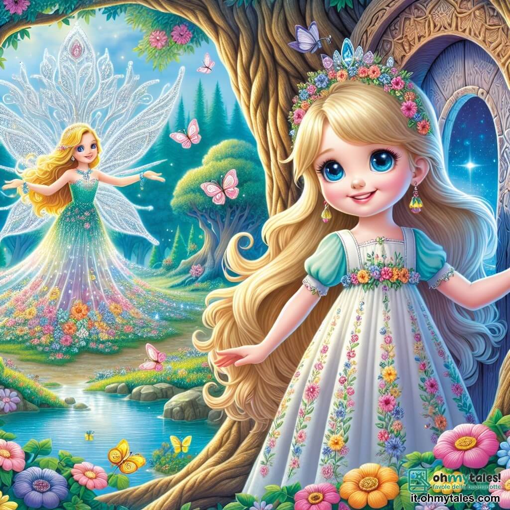 Al centro dell'immagine, una giovane ragazza di nome Bianca, di circa 10 anni, si trova davanti a un gigantesco albero con una chioma d'argento scintillante. Ha lunghi capelli biondi che fluttuano dolcemente al vento, occhi azzurri pieni di meraviglia e un sorriso radioso. Indossa un abito leggero di cotone pastello, decorato con fiori colorati, e sta aprendo una piccola porta di legno intagliato nel tronco dell'albero, piena di curiosità. A destra, una piccola fata di nome Luminella, di circa 8 anni, vola con ali scintillanti come diamanti. Ha capelli dorati e indossa un vestito fatto di petali di fiori. Sorride a Bianca, incoraggiandola nella sua avventura. Sullo sfondo, si estende un paesaggio incantevole: una foresta magica con alberi dai tronchi multicolori, fiori brillanti e farfalle che danzano nell'aria. Un lago cristallino riflette il cielo blu, mentre i raggi di sole filtrano attraverso il fogliame, creando un'atmosfera fiabesca. La scena principale mostra Bianca, piena di eccitazione, pronta a entrare nel mondo magico attraverso la porta dell'albero, mentre Luminella la incoraggia con un sorriso caloroso, simboleggiando l'inizio di un'avventura fantastica.