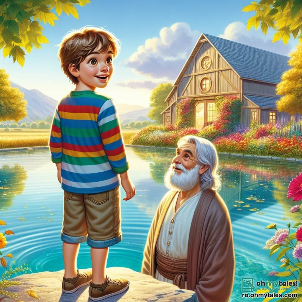 Un băiat de 12 ani, pe nume Andrei, stă pe malul unui lac limpede, cu fața luminată de un zâmbet curios și uimit. Are părul castaniu deschis, ușor răvășit, și poartă o cămașă cu dungi colorate și o pereche de pantaloni scurți din denim. Ochii lui strălucesc de emoție în timp ce își observă reflexia în apă. Lângă el, un bătrân înțelept cu o barbă lungă și albă, de aproximativ 70 de ani, stă pe o piatră plată. Poartă o robă simplă și o pălărie din paie, contemplând liniștit peisajul. Privirea lui este înțeleaptă și binevoitoare, părea că ascultă gândurile lui Andrei. Locul este o grajd frumos plin de flori multicolore care dansează în vânt, înconjurat de copaci mari cu frunze aurii. Cerul este de un albastru strălucitor, presărat cu nori albi pufoși, iar sunetul blând al apei care clipocește adaugă o notă de serenitate atmosferei. În această scenă, Andrei împărtășește cu bătrânul înțelept reflecțiile sale despre viață și căutarea de răspunsuri, în timp ce înțeleptul îi oferă sfaturi prețioase, creând astfel un moment de conexiune profundă între generații.