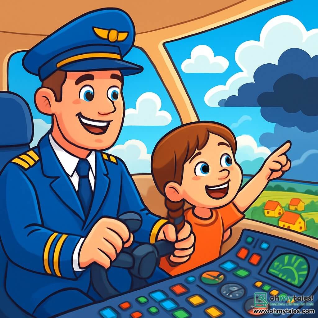 A smiling man, Captain Jack, is sitting in the cockpit of an airplane, wearing a bright blue uniform with golden epaulettes, his eyes sparkling with joy and excitement. He firmly grips the yoke, looking determinedly through the windshield. Beside him is an 8-year-old girl named Mia, with braided brown hair and a big smile, pointing at the clouds in wonder. The cockpit is filled with colorful buttons and shiny instruments, while outside, a bright blue sky is dotted with fluffy white clouds. Below, a landscape of green fields and colorful houses stretches as far as the eye can see. The main scene shows Captain Jack and Mia about to fly over a storm, with dark clouds on the horizon, but the cockpit is bright and welcoming, symbolizing adventure and bravery.