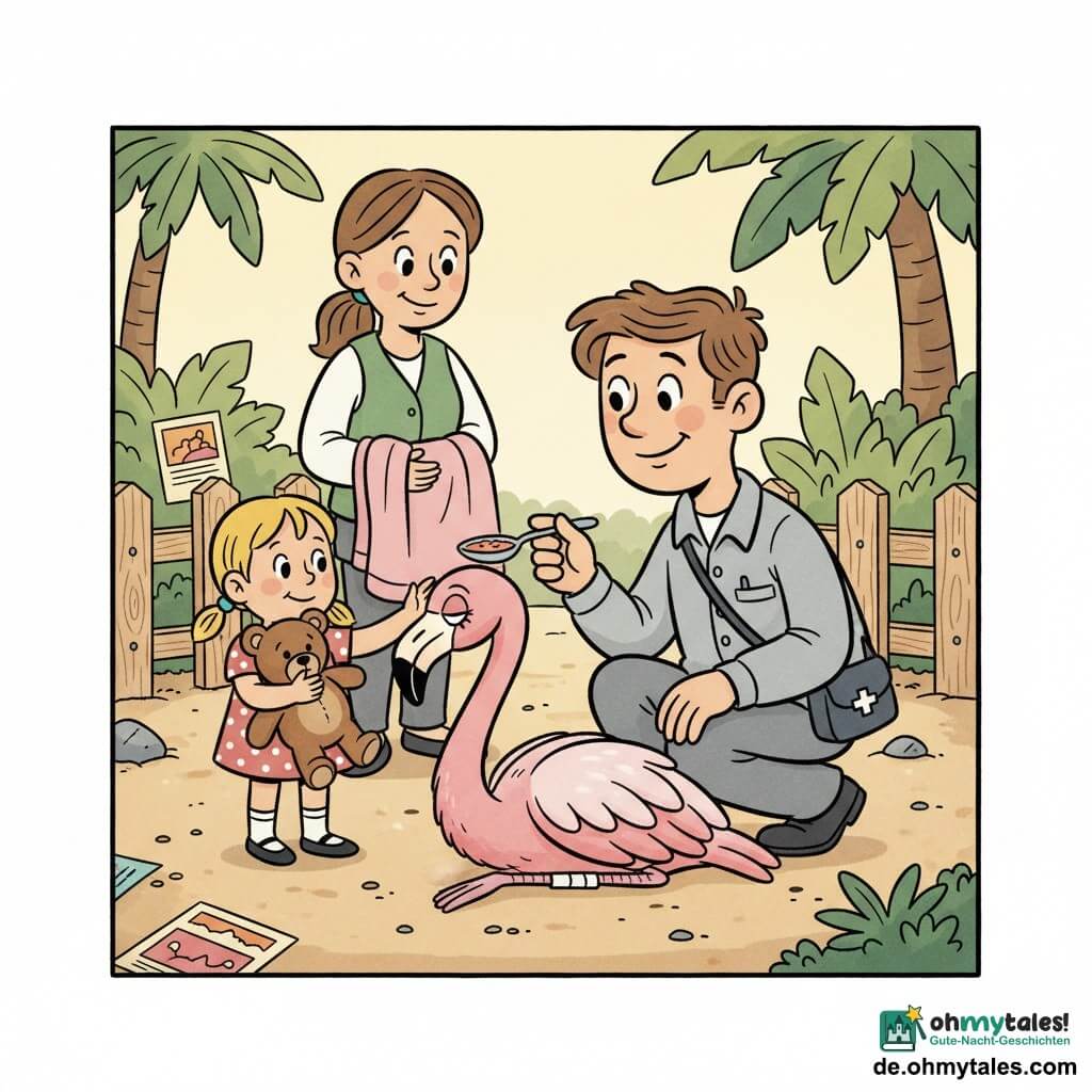 Ein sanft lächelnder Tierarzt mit zerzausten braunen Haaren in grauer Kleidung und einer kleinen Sanitasche über der Schulter hockt und füttert mit einem Löffel leichte Suppe ein verletztes Flamingo, links davor steht ein etwa sechsjähriges blondes Mädchen mit Zöpfen und einem großen braunen Teddybär, das schüchtern den Flamingo streichelt, hinter dem Tierarzt hilft eine etwa 30‑jährige Pflegerin mit zusammengebundenen Haaren und grüner Jacke, die eine rosa Decke hält; die Szene spielt in einem hellen Zoogehege mit sandigem Boden, heller Holzzäunung und tropischen Pflanzen, Morgenlicht mit langen Schatten, warme Pastellfarben (Rosa, Grün, Beige) und dicke schwarze Konturen im retro‑Cartoon‑Stil.