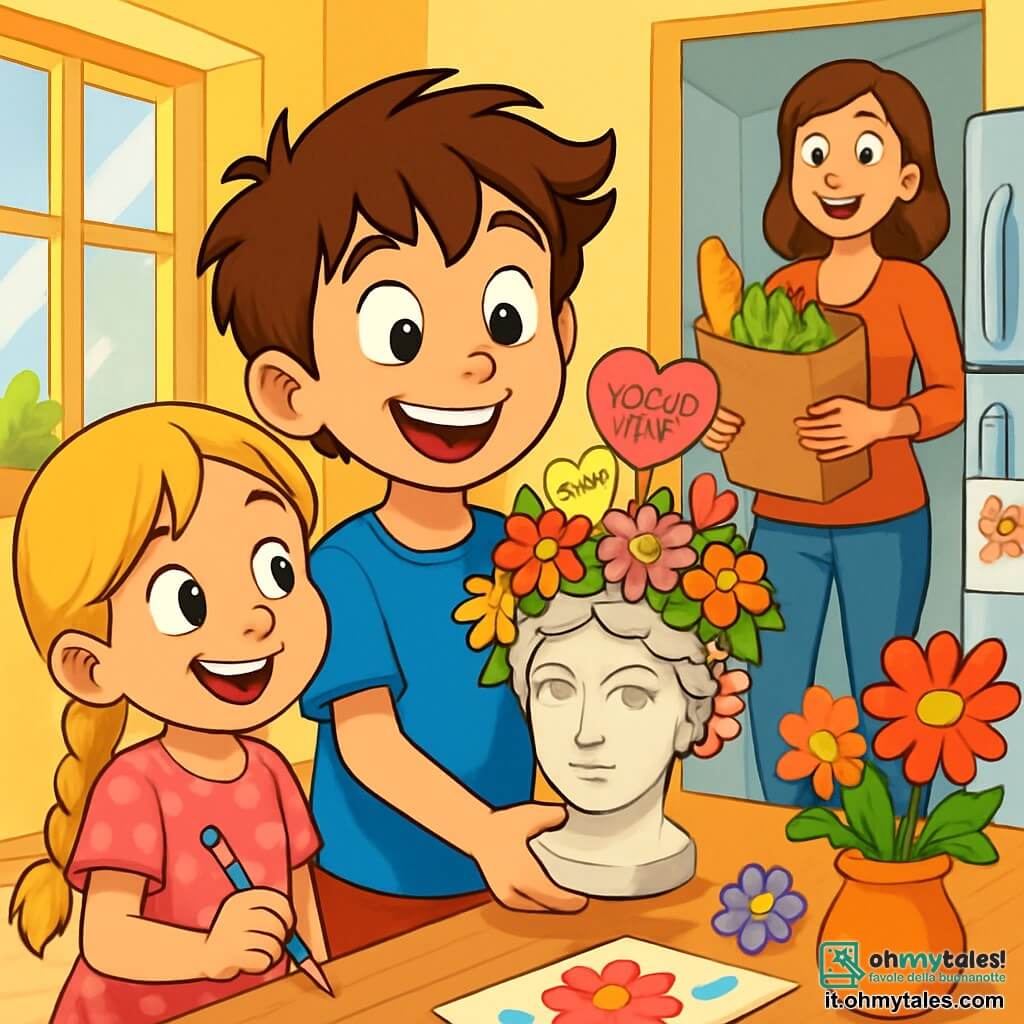 Un ragazzo di 10 anni, Leonardo, con i capelli castani disordinati e gli occhi brillanti di malizia, sorride felicemente tenendo in mano un bel busto decorato con fiori. Indossa una maglietta blu vivace e pantaloni rossi, e il suo viso irradia eccitazione e orgoglio. Accanto a lui, la sua sorellina Chiara, di 6 anni, con lunghi capelli biondi intrecciati e un sorriso splendente, guarda con ammirazione il busto. Indossa un vestito rosa a pois e tiene in mano un pastello colorato, pronta a scrivere. Sullo sfondo, la loro mamma, una donna di una trentina d'anni con capelli castani e un sorriso caloroso, entra nella stanza con le braccia piene di spesa. È sorpresa e curiosa, gli occhi spalancati scoprendo la scena. La scena si svolge in una cucina luminosa e accogliente, con pareti gialle e finestre che lasciano entrare la luce del sole. Fiori colorati sono disposti sul tavolo e disegni di bambini decorano il frigorifero. Leonardo e Chiara stanno preparando una sorpresa per la festa della mamma, con un busto pieno di messaggi d'amore e gratitudine, mentre la loro mamma entra, ignara di tutto.