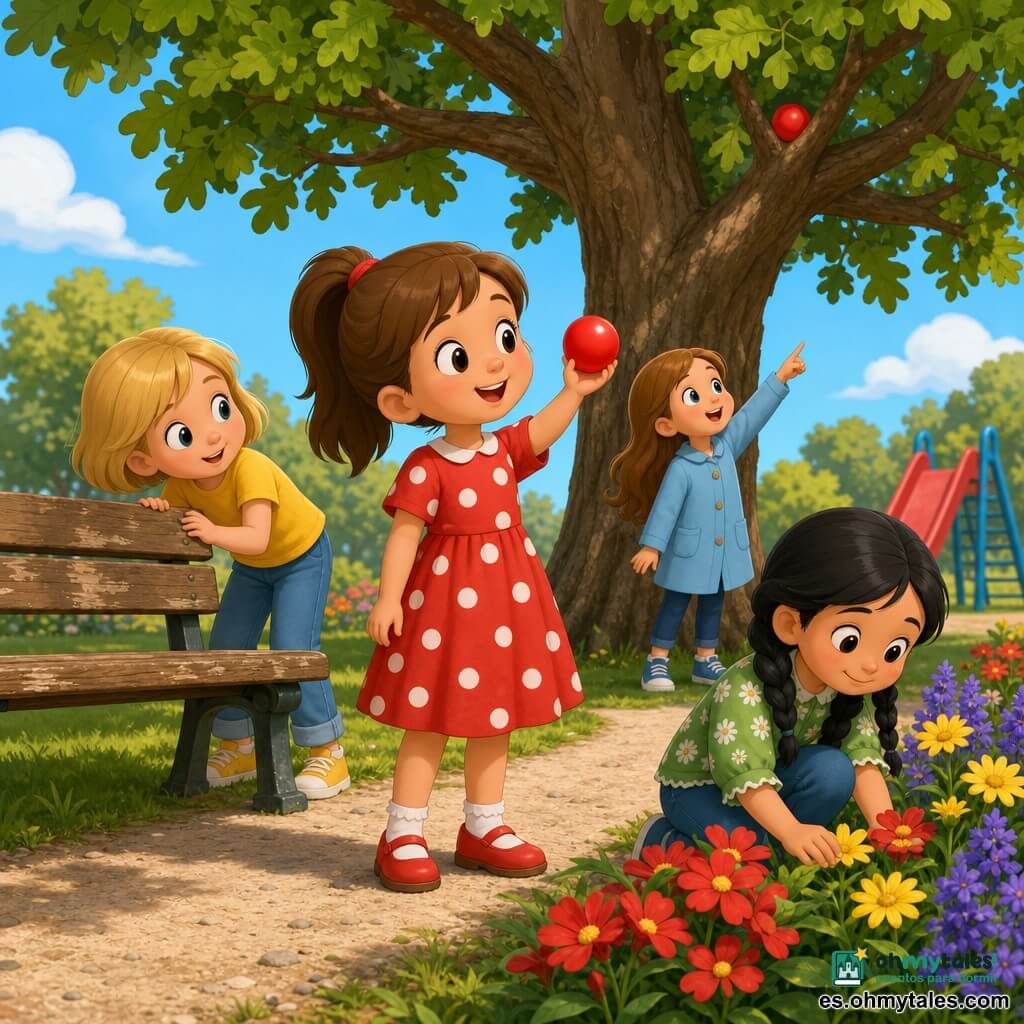 Cuatro niñas de 6 años: Eva (pelo castaño en coleta, vestido rojo de lunares, con una pequeña pelota roja en la mano derecha, en el centro frente a un gran roble); Ana (pelo rubio corto, camiseta amarilla y vaqueros, mirando detrás de un banco de madera a la izquierda de Eva); Zoe (pelo negro trenzado, blusa verde con flores, agachada buscando entre flores coloridas a la derecha de Eva); Mia (pelo castaño largo, abrigo azul claro, señalando una pelota roja atrapada en las ramas, junto al árbol al fondo). Lugar: parque soleado con césped, camino de grava, gran roble de ramas gruesas y hojas verdes, banco de madera gastado a la izquierda, pequeño tobogán rojo al fondo y parterres de flores rojas, amarillas y violetas. Situación: cuatro pequeñas detectives alegres recuperan una pelota roja atrapada en las ramas; expresiones curiosas y sonrientes; colores vivos, sombras suaves, proporciones infantiles; estilo 3D cartoon con cel-shading y luz suave de tarde, ambiente cálido y lúdico.