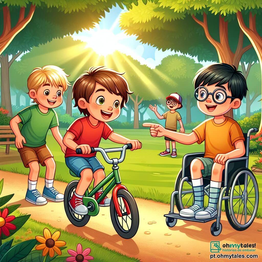 Em um parque ensolarado, um menino de 8 anos chamado Léo, com cabelos castanhos bagunçados e um sorriso radiante, está aprendendo a andar de bicicleta. Ele usa uma camiseta vermelha e um short azul, concentrado em seu equilíbrio. Ao lado dele, seu amigo Tom, um garoto de 9 anos com cabelos loiros e óculos redondos, o incentiva com um grande sorriso, vestindo uma camiseta verde e calças curtas. Um pouco mais longe, outro menino, Lucas, de 7 anos, com cabelos negros e óculos de sol, está sentado em uma cadeira de rodas, aplaudindo alegremente, usando uma camiseta amarela e um short laranja. O parque é cheio de verde, com árvores majestosas e flores coloridas que dançam ao vento. Ao fundo, há um caminho de cascalho que serpenteia entre as árvores, e crianças brincam de frisbee nas proximidades. A cena principal mostra Léo, um pouco hesitante, em sua bicicleta, enquanto Tom o incentiva com entusiasmo e Lucas aplaude, criando uma atmosfera de camaradagem e alegria.