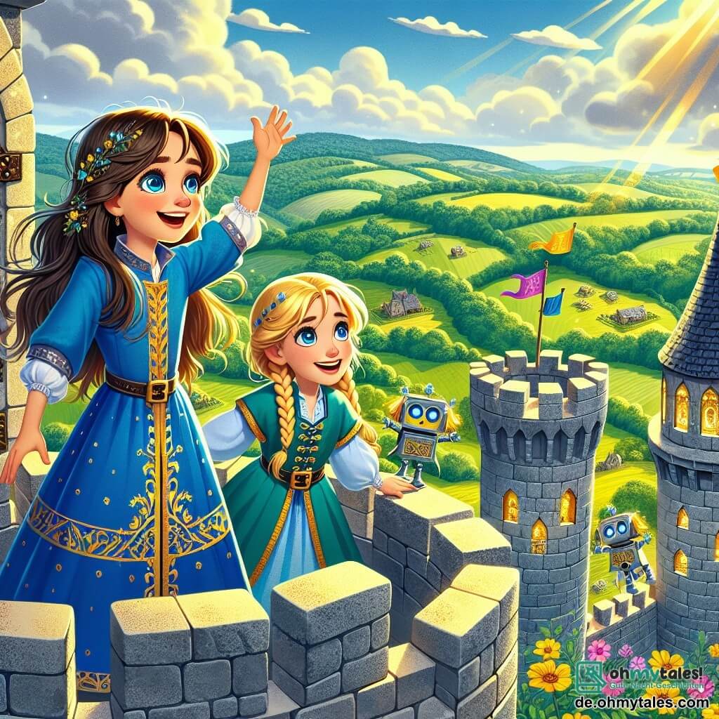 Ein 8-jähriges Mädchen mit langen braunen Haaren und neugierigen Augen steht auf dem höchsten Turm eines majestätischen mittelalterlichen Schlosses. Sie trägt eine blaue Tunika mit goldenen Mustern, und ihr Gesicht strahlt vor Freude und spürbarer Aufregung. Neben ihr steht ein anderes 8-jähriges Mädchen mit geflochtenen blonden Haaren und einem warmen Lächeln, das ihr eine Aussicht auf die grüne Landschaft zu Füßen zeigt, die Arme weit geöffnet, als wolle es seine Entdeckung teilen. Das Schloss ist von grauen Steinmauern umgeben, mit bunten Fahnen, die im Wind wehen, und Wildblumen, die aus den Ritzen der Mauern wachsen. Im Hintergrund erstrecken sich grüne Hügel bis zum Horizont unter einem blauen Himmel mit flauschigen weißen Wolken. Die Hauptsituation zeigt die beiden Mädchen, die von der Aussicht begeistert sind, während ein kleiner Roboter mit blinkenden Lichtern, namens TICK, neben ihnen schwebt, bereit, sie auf ihrem Abenteuer zu führen. Die Atmosphäre ist von einer spürbaren Magie erfüllt, mit goldenen Lichtblitzen, die die Szene erhellen und einen Moment der Entdeckung und Freundschaft hervorrufen.