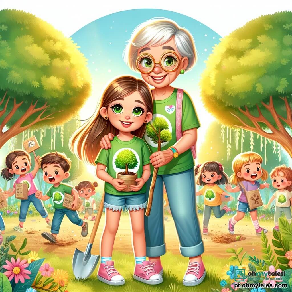 Uma menina de 10 anos, chamada Maria, com cabelos longos e castanhos e olhos cheios de curiosidade, está no centro da imagem, sorridente e cheia de energia. Ela usa uma camiseta verde com um desenho de árvore e um short de jeans, segurando um pequeno painel de madeira com a inscrição "Protejamos nosso planeta!". Ao seu lado, sua avó, uma mulher idosa com cabelos grisalhos e óculos redondos, sorri orgulhosamente, segurando uma pequena pá para plantar uma árvore. O cenário é um parque ensolarado, repleto de árvores verdes, flores coloridas e um lago cintilante ao fundo. Crianças brincam ao redor, algumas segurando copos de papel reciclado e outras vestindo camisetas com slogans ecológicos. A cena principal mostra Maria e sua avó plantando uma jovem árvore, simbolizando seu compromisso em proteger o meio ambiente, enquanto um grupo de crianças as observa com entusiasmo, prontas para participar dessa bela ação.