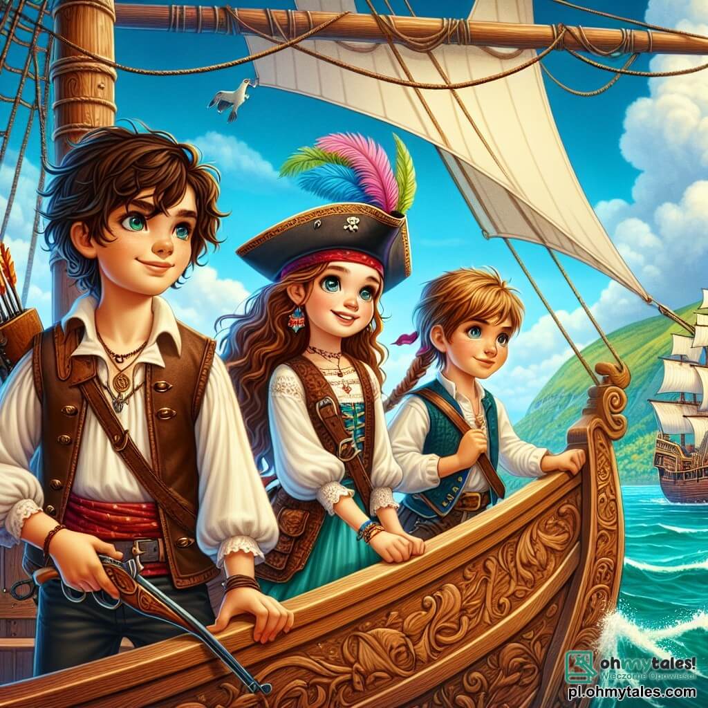 Mira, młoda piratka z długimi kręconymi włosami i odważnym uśmiechem, dumnie stoi na pokładzie swojego statku "Złoty Dzwon". Ma na sobie kapelusz piracki ozdobiony kolorowym piórem, białą koszulę z bufkami i skórzaną kamizelkę. Jej spojrzenie pełne determinacji pokazuje, że jest gotowa stawić czoła każdemu wyzwaniu. Obok niej Eliasz, chłopiec około 12 lat z rozczochranymi brązowymi włosami i błyszczącymi oczami, dostosowuje swój łuk, gotowy bronić przyjaciółki. Stoi nieco z tyłu, obserwując horyzont z skoncentrowanym wyrazem twarzy. Lila, 11-letnia dziewczynka z warkoczami, stoi za sterem, jej twarz oświetlona słońcem. Uśmiecha się pewnie, prowadząc statek przez fale. Tło to błyszczące turkusowe morze pod jasnoniebieskim niebem, z zielonymi wyspami na horyzoncie. Statek z rzeźbionego drewna ozdobiony jest białymi żaglami, które powiewają na wietrze. Główna sytuacja pokazuje Mirę i jej załogę w trakcie przygody, gotowych zbadać tajemniczą wyspę w poszukiwaniu legendarnej mapy skarbów, z falami uderzającymi w kadłub statku i mewami latającymi nad nimi.