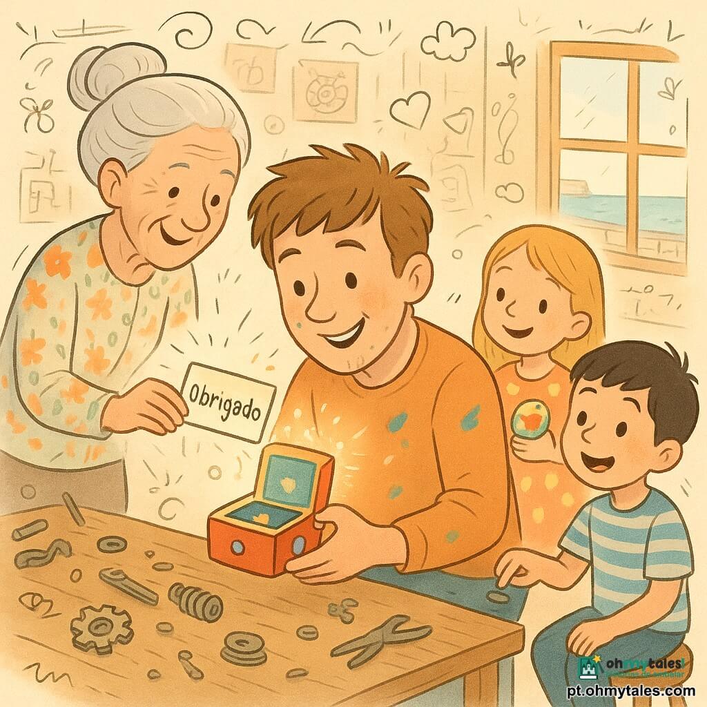 Um inventor na casa dos trinta, rosto redondo com manchas de tinta, cabelo castanho claro despenteado, sorrindo e concentrado, agachado diante de uma grande mesa de madeira, segurando delicadamente um pequeno aparelho colorido que abriu uma mini janela; à esquerda, uma senhora de cerca de 70 anos, rosto enrugado e sorridente, cabelo grisalho em coque e roupa de flores, estende uma pequena carta saindo do compartimento do aparelho; à direita, um menino de ~8 anos, cabelo preto curto e camiseta às riscas, sentado num banquinho, pressiona uma luz e vê a janela iluminar-se, olhos maravilhados; atrás da mesa, uma menina de ~6 anos, cabelos longos e loiros e vestido às bolinhas, segura uma peça colorida oferecida e observa curiosa; oficina acolhedora e desordenada com parafusos, engrenagens e molas na mesa, paredes com esboços e prateleiras de caixas, luz dourada entrando por uma janela que mostra o cais e o mar; momento alegre em que o pequeno aparelho “Porta-Sorrisos” se abre e libera uma minúscula carta “Obrigado/Merci” com suave brilho e aroma de biscoito, todos sorrindo em clima de cooperação e maravilha.