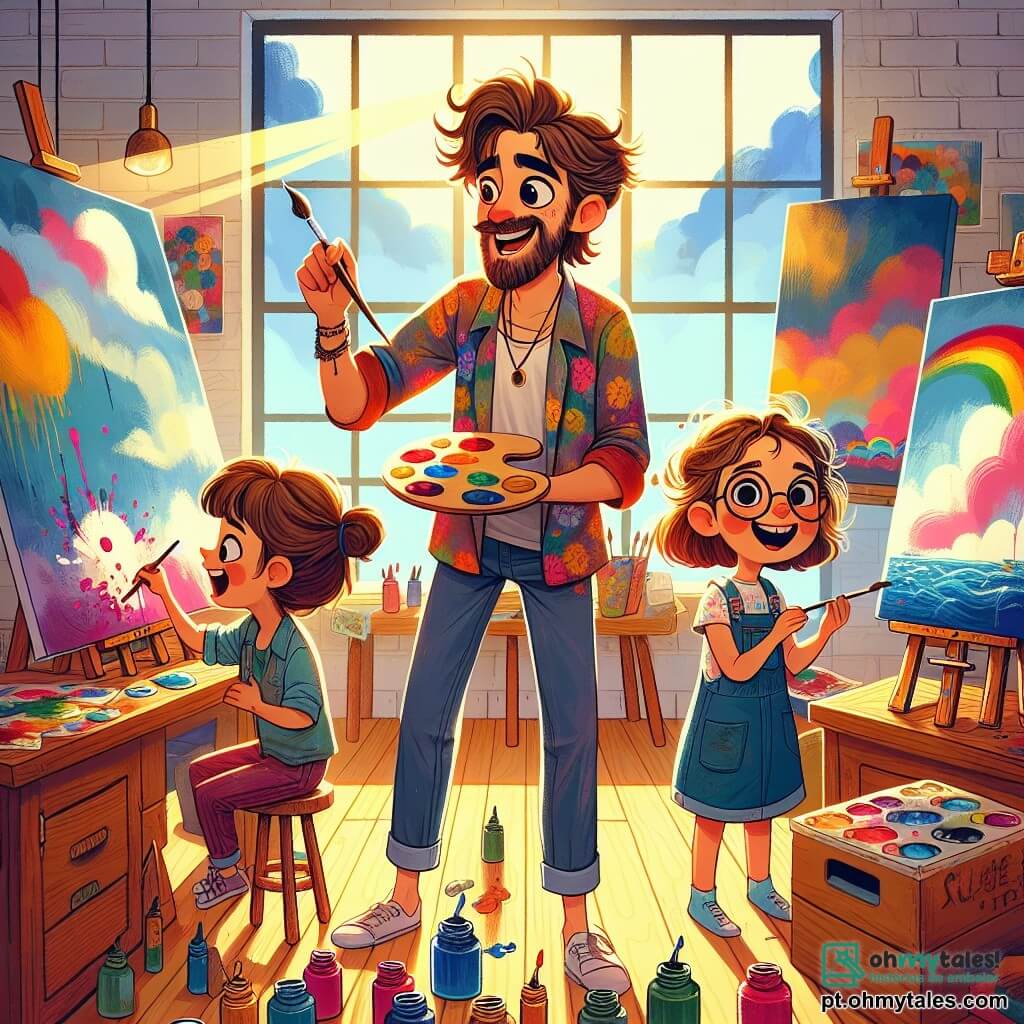 Um homem, Miguel, é um artista apaixonado com cabelos castanhos bagunçados e uma barba leve. Ele usa uma camisa colorida, manchada de tinta, e tem um grande sorriso no rosto, mostrando sua alegria e entusiasmo enquanto pinta uma tela gigante diante de um grupo de crianças. Clara, uma menina de 8 anos com cabelos cacheados e olhos brilhantes, está ao seu lado, segurando um pincel em uma mão e uma paleta de cores vivas na outra, pintando um céu azul. João, um menino de 7 anos com óculos e um boné virado, está um pouco afastado, rindo e imitando os gestos de Miguel com um pincel na boca, criando uma atmosfera alegre. O local é um estúdio de arte iluminado, cheio de telas coloridas penduradas nas paredes, potes de tinta espalhados sobre mesas de madeira, e raios de sol filtrando através de grandes janelas, iluminando o espaço criativo. A cena principal mostra Miguel e as crianças em plena sessão de pintura, cada um expressando sua criatividade com respingos de cores vivas, enquanto Miguel os incentiva com entusiasmo, criando um ambiente de camaradagem e alegria artística.
