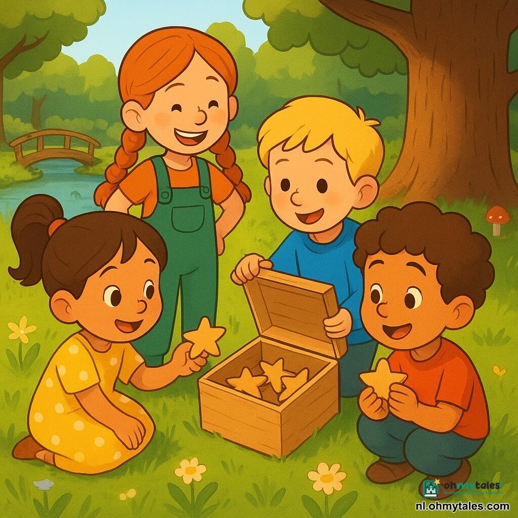 Vier kinderen van 4 jaar: Noor, bruin haar in staart, geel jurk met witte stippen, knielt links van een open houten doos en reikt een klein houten sterretje aan; Sam, blond kort haar, blauwe trui, een beetje vuile knieën, staat rechts, lacht en houdt het deksel; Lotte, rood gevlochten haar, groene tuinbroek, staat achter Noor met handen in de zij en lacht; Finn, kastanjebruin krullend haar, rood T-shirt, hurkt voor de doos en houdt een houten ster bij zijn hart; ze staan in een zonnige open plek aan de voet van een grote eik, mos en hoog gras onder de voeten, op de achtergrond een krakend houten bruggetje en een heldere vijver; de kinderen hebben net een gladde houten doos geopend waarin vier lichtjes glanzende houten sterretjes liggen, ze delen de sterren, kijken elkaar veelbetekenend aan, warme zonnestralen tussen de bladeren, levendige kleuren en een tedere, veilige sfeer, compositie gericht op de doos en hun gezichten.