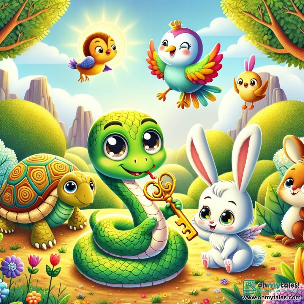 A little snake named Sammy, with shiny green scales and sparkling eyes, stands in the center of a sunny clearing, holding a golden key in his tiny mouth. Next to him, an adorable little bunny named Benny, with white fur and long ears, hops joyfully, while a charming little bird named Bella, with colorful feathers, flies around them, singing happily. In the background, a wise turtle, Tilly, with a beautifully patterned shell, watches them with a kind smile. The clearing is surrounded by majestic trees with lush green leaves, and colorful flowers dot the ground, creating a magical atmosphere. Sammy, full of excitement, shows the key to his friends as they prepare to discover the mysterious treasure it might unlock.