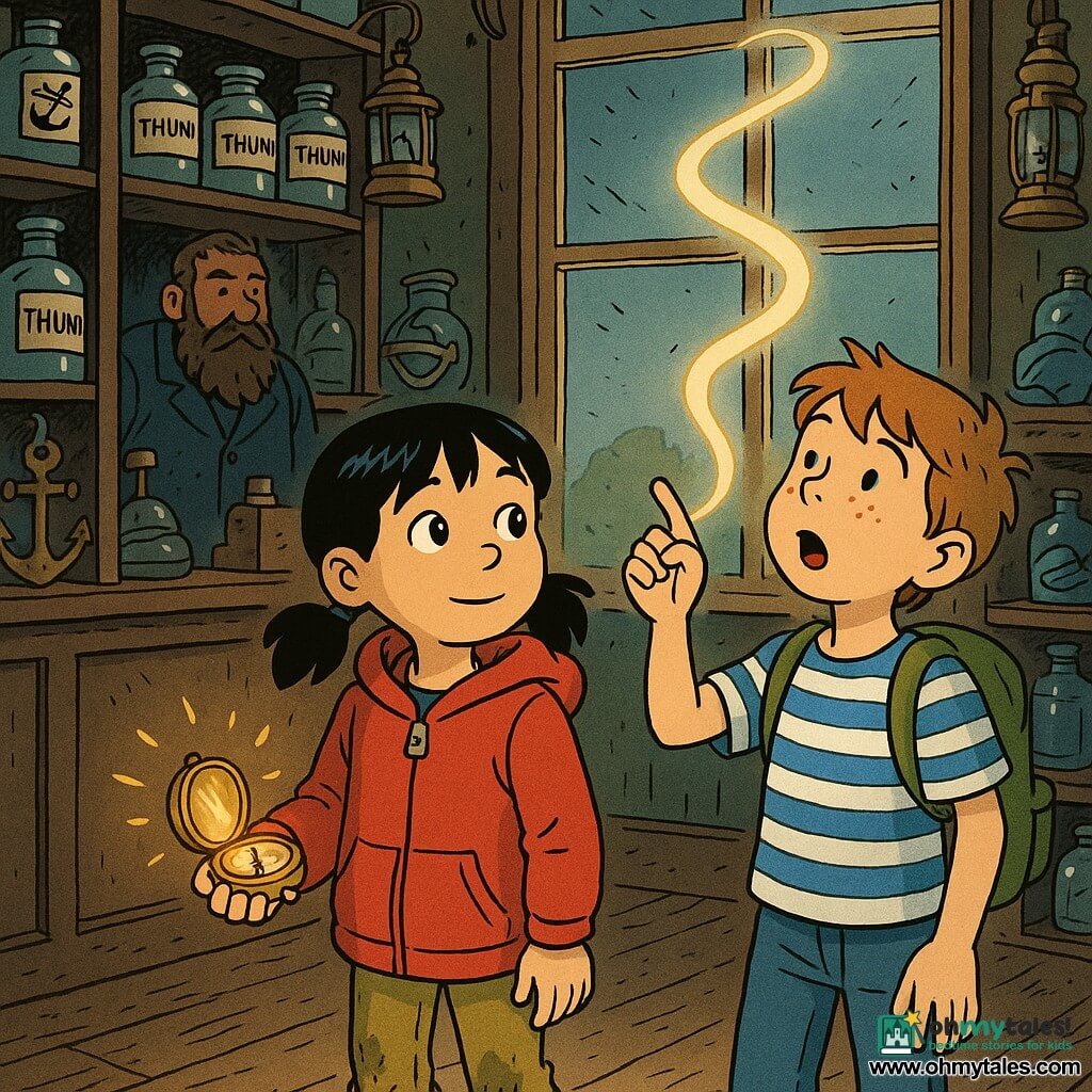 Two main characters: Mira, 7, with black pigtails, bright hazel eyes, a red hooded jacket and muddy boots, holding a small brass compass that glows golden and looking up slightly left of the boy; and Tom, 7, with tousled light brown hair, freckles, a blue-and-white striped T‑shirt and green backpack, standing to Mira’s right with chin raised, amazed, pointing at a beam of light. Setting: a seaside‑charm antique shop with dark wooden shelves of jars and lanterns, worn plank floor and a dusty shop window through which warm light enters; behind the children a counter with an old bearded man blurred in the background. Scene: the compass projects a thin silver‑gold spiral of light up through the window, vivid colors (red, blue, green), strong light‑and‑shadow contrast, crisp lines and expressive object details, atmosphere of adventure and discovery.