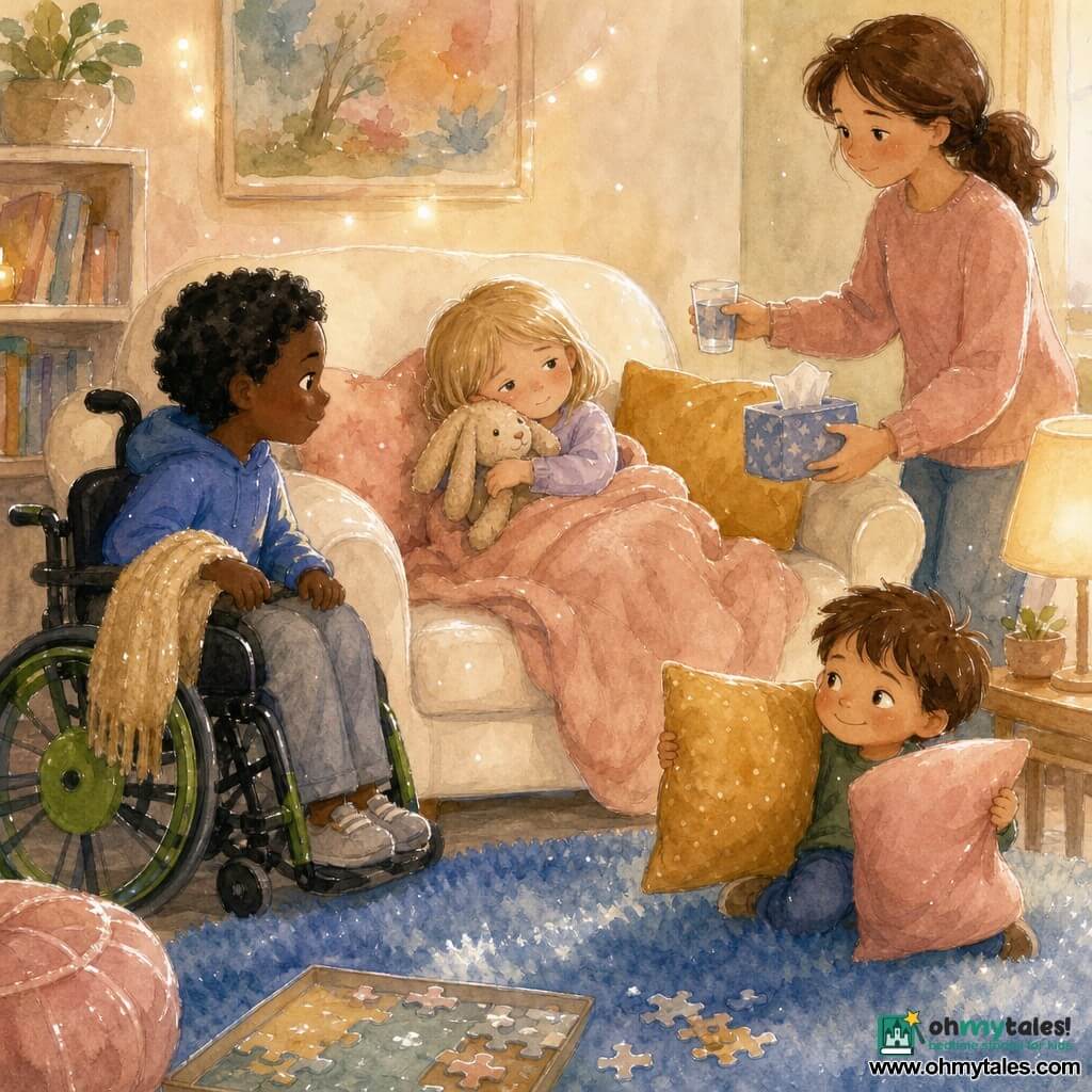 There are four characters: Milo, a 3-year-old boy with short brown hair and a mischievous smile, sitting on a blue rug in front of the sofa holding two cushions for a "Cozy Nest"; Ava, a 3-year-old girl with blonde bob hair, looking a bit tired, resting under a soft blanket in the center of the sofa while holding her comfort toy Flopsy to her cheek; Sam, a 3-year-old boy in a wheelchair with bright green wheels and black hair, seated left of the sofa near the throw, watching Ava kindly; and the mother, an adult woman with tied brown hair and a calm, tender expression, standing right of the sofa offering a small glass of water and a box of tissues. The setting is a warm, bright living room with a plush blue rug, cream sofa with pink and mustard cushions, a small lamp casting a soft yellow glow, a low shelf with books, and a half-finished puzzle on the floor. The main scene is a gentle caregiving moment: Ava napping in the "Cozy Nest" on the sofa while Milo and Sam quietly play and whisper nearby and the mother watches over them, creating a soothing, pastel-colored atmosphere with soft textures and light highlights.