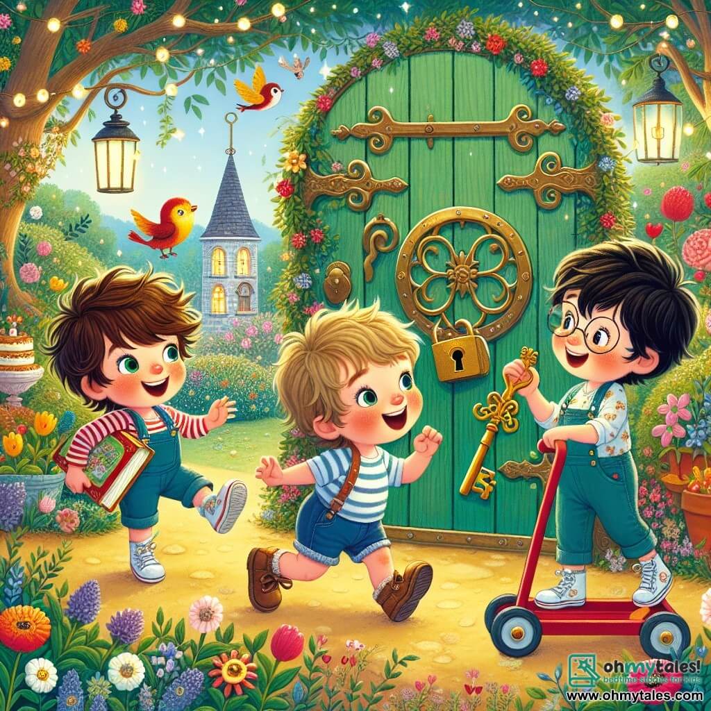 In a magical garden, three little boys are playing together. Tim, a 7-year-old with messy brown hair and a bright smile, stands on the left, holding a large storybook. Sam, a 6-year-old with blonde hair and sparkling eyes, is in the center, joyfully jumping with a small bird on his shoulder. Ben, an 8-year-old with black hair and round glasses, is on the right, enthusiastically using his red walker to move towards a wooden door. The enchanting garden is filled with colorful flowers dancing in the wind, with twinkling lights hanging from tree branches. In the center, a large ancient wooden door is surrounded by flowering vines, and birds are joyfully singing in the trees. The main scene shows the boys discovering the golden key they found, ready to unlock the magical door of the garden, with expressions of curiosity and excitement on their faces.