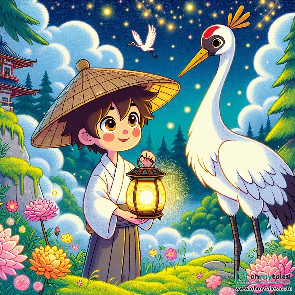 Haru, an eight-year-old boy, wears a large bamboo hat that partially hides his bright, curious eyes. His face is lit up by a determined smile, and he holds a small colorful lantern that shines brightly. Next to him is the Crane Guardian, a majestic white crane with wise eyes, gracefully standing with its wings slightly spread, as if ready to take flight. The setting is atop the Misty Mountains, where fluffy clouds float around majestic trees, and a garden of lush moss surrounds the lantern. Vibrant flowers in shades of pink and yellow bloom around them, creating a magical and serene atmosphere. The scene shows Haru, dazzled by the lantern's light, while the crane watches over him kindly. Together, they celebrate the return of harmony in the garden, illuminated by the lantern's bright colors.