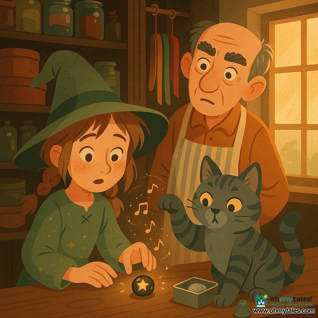 The main witch is a young woman with light chestnut hair in messy braids, wearing a sage-green dress dusted with stardust, looking curious and slightly surprised as she gently touches a small black glass button with a trapped star inside; Juniper the cat is a stocky gray-blue tabby with mischievous amber eyes on the wooden counter, paw raised toward the button; Mr. Boggle is a thin sixty-year-old man with thick caterpillar-like eyebrows and a striped apron, standing behind the counter, tilting his head cautiously; the scene is a small antique shop of dark wooden shelves, glass jars and stacked sewing boxes, warm light through a dusty window, multicolored buttons on the counter, and an open silver box with a shining silver thread and a mint-scented thimble beside it while invisible musical notes ripple around them like glittering lines.