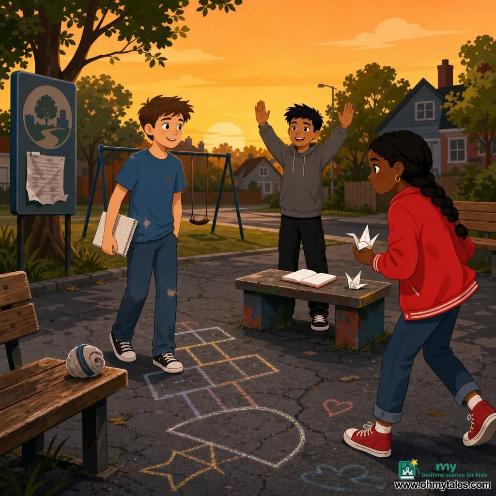 Three children in a small neighborhood park at dusk: Mason, 12, fair skin, short brown hair, worn blue T‑shirt and jeans, center left smiling and holding a folded notebook in his right hand; Jayden, 12, olive skin, short black hair, gray hoodie, center right with arms raised as if calling “Green light / Red light,” an open notebook on a low table at his feet; Nia, 11, dark skin, single braid, slightly small red light jacket, foreground right stopping awkwardly while holding a small white paper crane. The asphalt ground shows cracks and colorful chalk hopscotch, peeling wooden benches and swings in the background, a municipal sign with a crumpled flyer, a rolled sock used as an improvised ball near a bench; simple style, flat contrasting colors, clear shapes and warm, kind expressions.