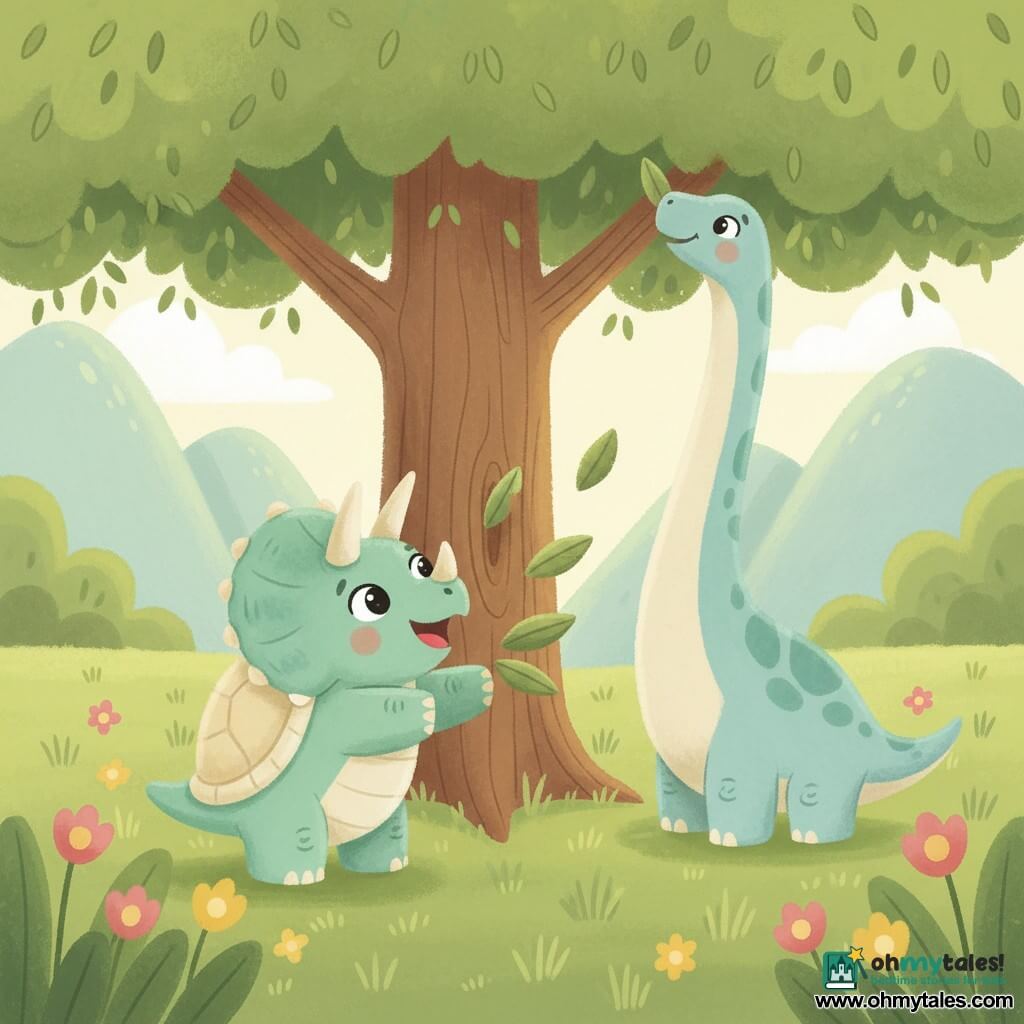 A chubby triceratops named Tilly in pastel colors (mint-green skin, cream frill) looks joyful with big shiny eyes and a wide smile, its three rounded horns pointing up as it reaches for low leaves; beside and slightly behind it a gentle diplodocus called Dippy, pale blue with washed spots, stretches its long neck for high leaves. They share broad green leaves with bits drifting between them in a sunny valley of soft thick grass, simple pink and yellow flowers, a large textured brown-trunk tree and rounded mountains in the background. Bright, calm, friendly scene centered on the gesture of sharing, gouache style with soft edges, opaque colors and visible textures, warm and baby-friendly.