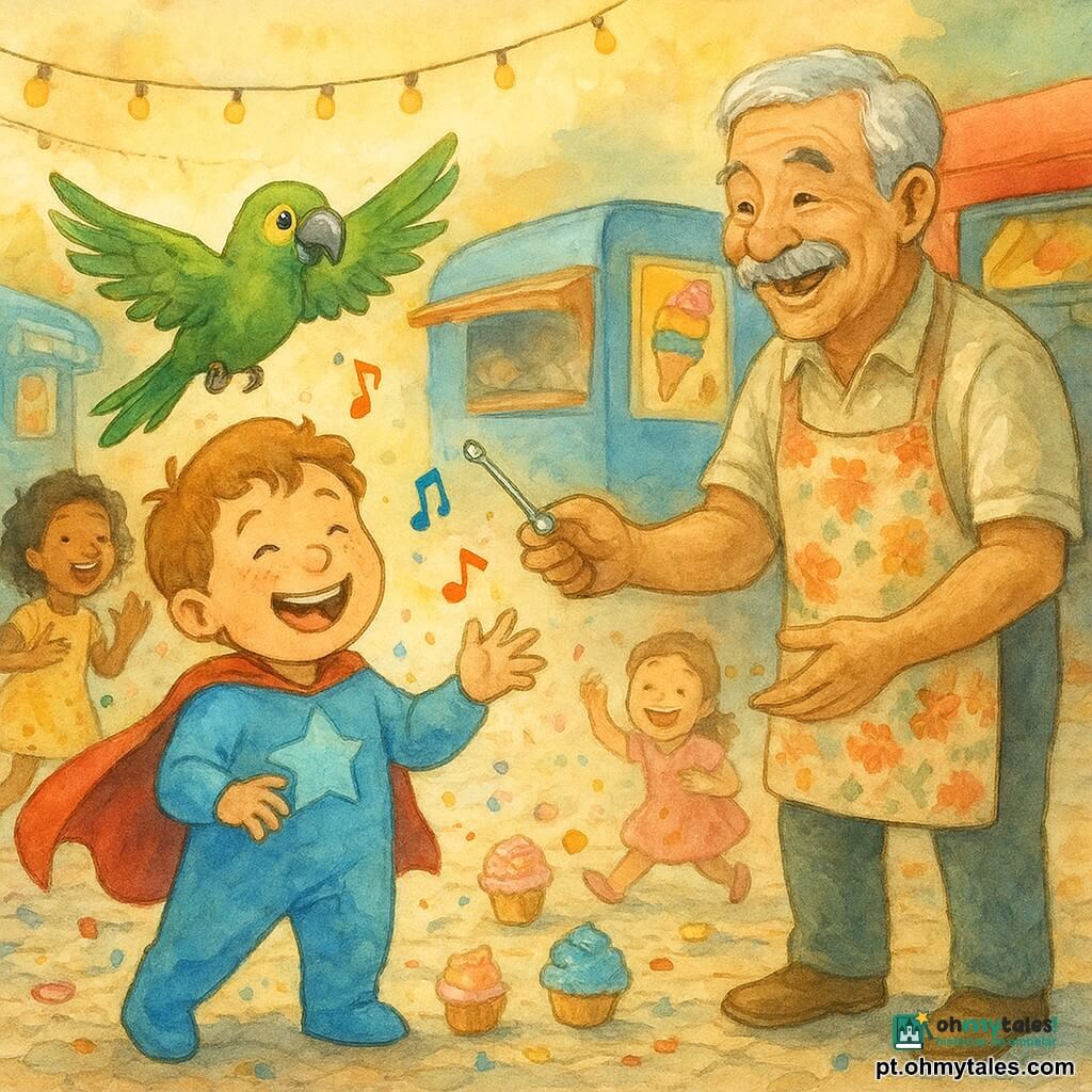 Um menino chamado Zeca, rosto redondo e sardas, veste uma fantasia de super‑herói azul‑claro grande demais, ri, estala os dedos e faz surgir pequenas notas coloridas; um papagaio verde chamado Tico (macho) voa sobre seu ombro com asas abertas segurando uma pequena antena prateada no bico; o Sr. Joaquim, homem idoso de ~60 anos com bigode grisalho e avental florido, junto a um food‑truck vermelho, estende a mão para entregar a antena com sorriso caloroso; convidados de todas as idades riem e escorregam em cupcakes coloridos que rolam pelo chão, entre confetes e toalhas de bolinhas; a cena passa numa praça da cidade ao fim da tarde com food‑trucks coloridos, luzes, paralelepípedos brilhantes e barracas de pizza e gelado arco‑íris; cena principal: Zeca recebe a antena do Sr. Joaquim com Tico suspenso no ar, todos rindo — ambiente alegre, movimento, cores vivas e respingos aquarelados controlados que enfatizam a ação.