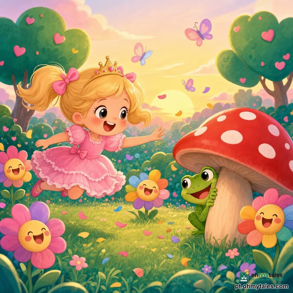 Menina princesa de cerca de 6 anos, sorridente, cabelos loiros em duas maria‑chiquinhas, vestido rosa com folhos, pulando e estendendo a mão para um grande cogumelo vermelho; sem príncipe; personagem secundário: pequeno sapo macho verde vivo, olhos grandes e sorriso travesso, escondido atrás do cogumelo a olhar para a princesa; flores coloridas com rostos risonhos e pétalas multicoloridas lançando confetes; jardim mágico luminoso com relva verde texturada, árvores de folhas em forma de coração e borboletas em tons pasteis; cena de esconde‑esconde alegre ao pôr do sol, atmosfera divertida, cores saturadas, contornos suaves, composição simples e clara, estilo kawaii minimal, formas grandes e arredondadas, luz quente.