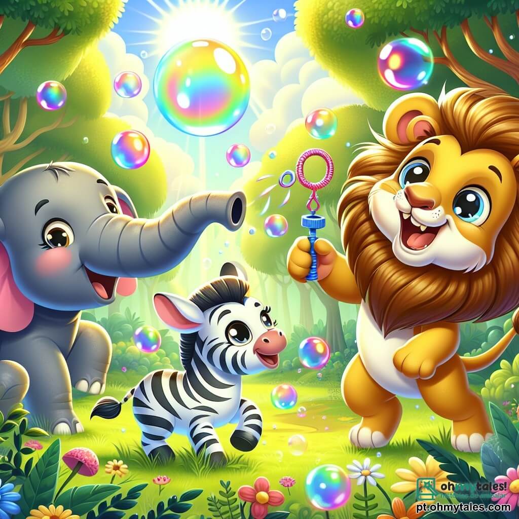 Um leão alegre chamado Léo, com uma juba dourada brilhante e olhos cintilantes de travessura, sopra bolhas de sabão com um grande sorriso no rosto. Ao seu lado, uma zebra listrada, Zazá, com olhos redondos e curiosos, se diverte criando bolhas usando uma cana-de-açúcar, rindo de felicidade. Um elefante, Eli, com pele cinza e grandes orelhas, usa sua tromba para fazer bolhas gigantes, mantendo-se um pouco afastado, mas pronto para participar da festa. A cena se passa em uma floresta encantada, onde as árvores são altas e verdes, e o sol brilha através das folhas, criando reflexos de luz nas bolhas coloridas que flutuam no ar. Os animais estão cercados por flores multicoloridas e gramíneas verdes, adicionando um toque de magia ao ambiente. A situação principal mostra Léo, Zazá e Eli em uma competição alegre, cada um soprando bolhas de sabão que sobem ao céu, enquanto outros animais os observam com espanto e risadas, preenchendo o ar de alegria e camaradagem.