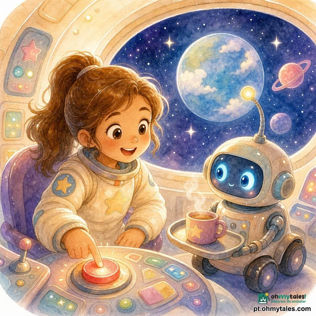 Uma jovem chamada Ana, sorridente e maravilhada, cabelo castanho-claro em rabo de cavalo, olhos grandes e brilhantes, aperta com uma mão um grande botão redondo vermelho; ela veste um traje espacial macio cor creme com patches de estrelas, postura alegre e confiante. Ao seu lado direito está Pipoca, um pequeno robô de corpo metálico liso em tons pasteis, olhos azuis que piscam como vaga-lumes, estende uma antena amigável, tem rodas e um tabuleiro com uma xícara fumegante, ajudando e olhando para Ana. O interior da nacela é arredondado, paredes creme e painéis de comando com botões coloridos, ampla janela oval mostra o espaço com planetas multicoloridos: um planeta azul com nuvens fofas, um pequeno planeta rosa com anéis e estrelas cintilantes. Cena principal: Ana ativa o botão mágico para estabilizar a pequena nave, expressão de alívio e cumplicidade, luz suave e quente se espalha pela cabine; estilo visual aquarela em tons pasteis, reflexos em traço branco, texturas suaves, formas simples e atmosfera acolhedora.