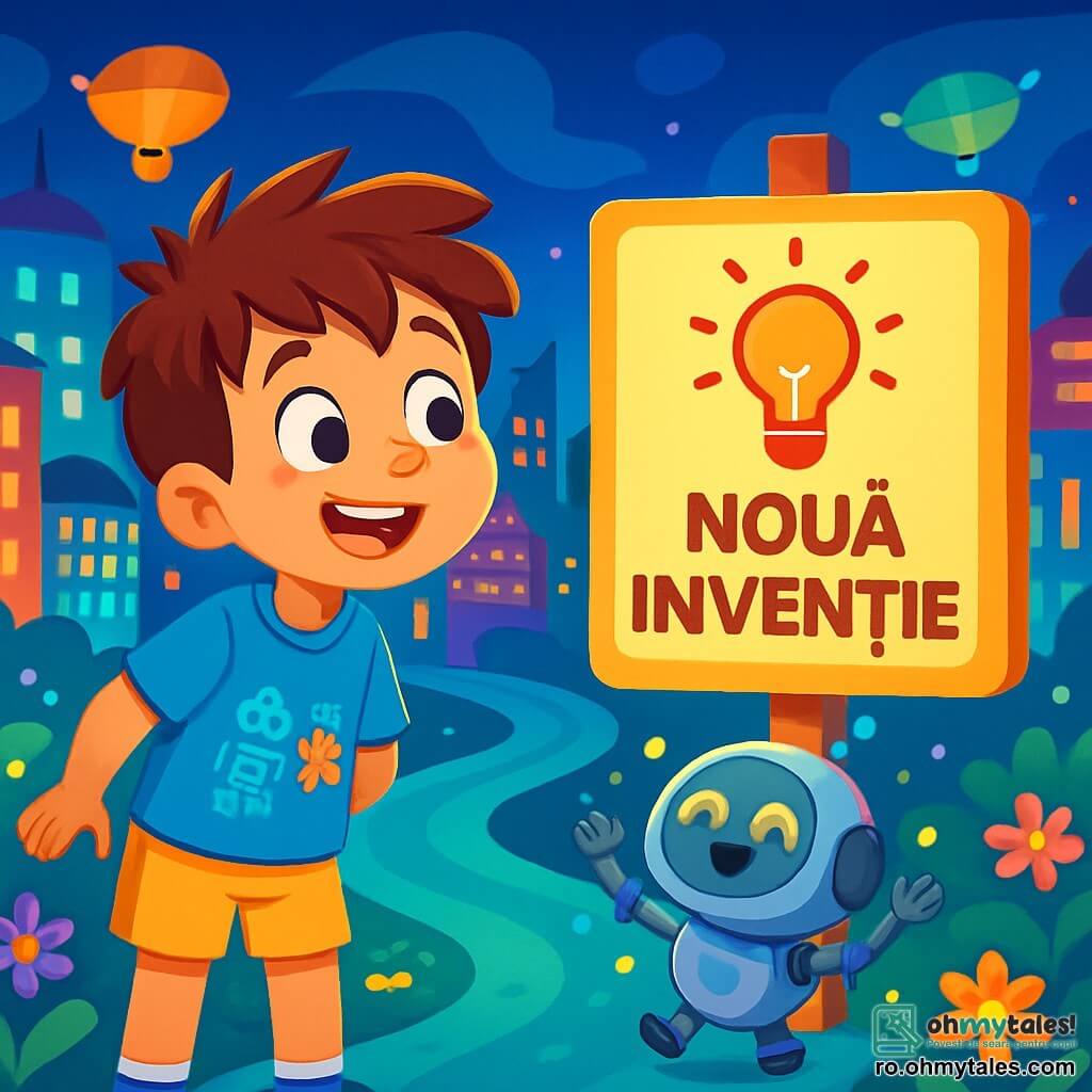Un băiat de 6 ani, Nino, cu părul castaniu în dezordine și ochi strălucitori de curiozitate, zâmbește entuziast în timp ce privește un panou luminos care anunță o nouă invenție. Poartă un tricou albastru viu cu modele de roboți și o pereche de pantaloni scurți galbeni. Lângă el, prietenul său robot, Lupi, este un robot mic și rotund cu ochi luminoși și brațe articulată, care dansează vesel emițând mici lumini colorate. Scena se desfășoară în cartierul futurist Orașul Lumilor Colorate, unde clădirile strălucesc în culori vii, iar străzile în formă de valuri sunt acoperite cu flori luminoase. Mașini-balon plutesc ușor deasupra lor, adăugând o notă de magie mediului. Nino și Lupi sunt nerăbdători să descopere noua invenție care va transforma cartierul lor, înconjurați de râsete și excitație, pregătiți să trăiască o aventură incredibilă.