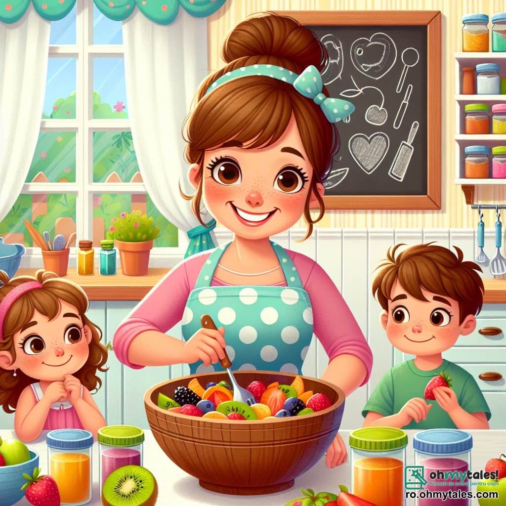 Chef Ana, o femeie veselă de aproximativ 30 de ani, cu părul brun prins în coc și un zâmbet strălucitor, poartă un șorț mare albastru cu buline albe. Ea amestecă fructe colorate într-un bol mare din lemn, cu ochii strălucind de fericire și emoție. Lângă ea, Maria, o fetiță de 8 ani cu părul blond creț și o rochie roz, ține o căpșună în mână și privește cu uimire amestecul de fructe. Alex, un băiat de 7 ani cu părul castaniu și un tricou verde, se apleacă peste masă, tăind cu grijă bucăți de kiwi cu un cuțit mic, concentrat pe sarcina sa. Scena are loc într-o bucătărie luminoasă și primitoare, cu pereți vopsiți în galben pastel, rafturi pline cu borcane colorate de condimente și feronerie strălucitoare agățate pe perete. Situația principală arată cum Chef Ana și copiii pregătesc o salată de fructe și un tort, toți zâmbind și implicați în activitatea lor, creând o atmosferă de bucurie și camaraderie.