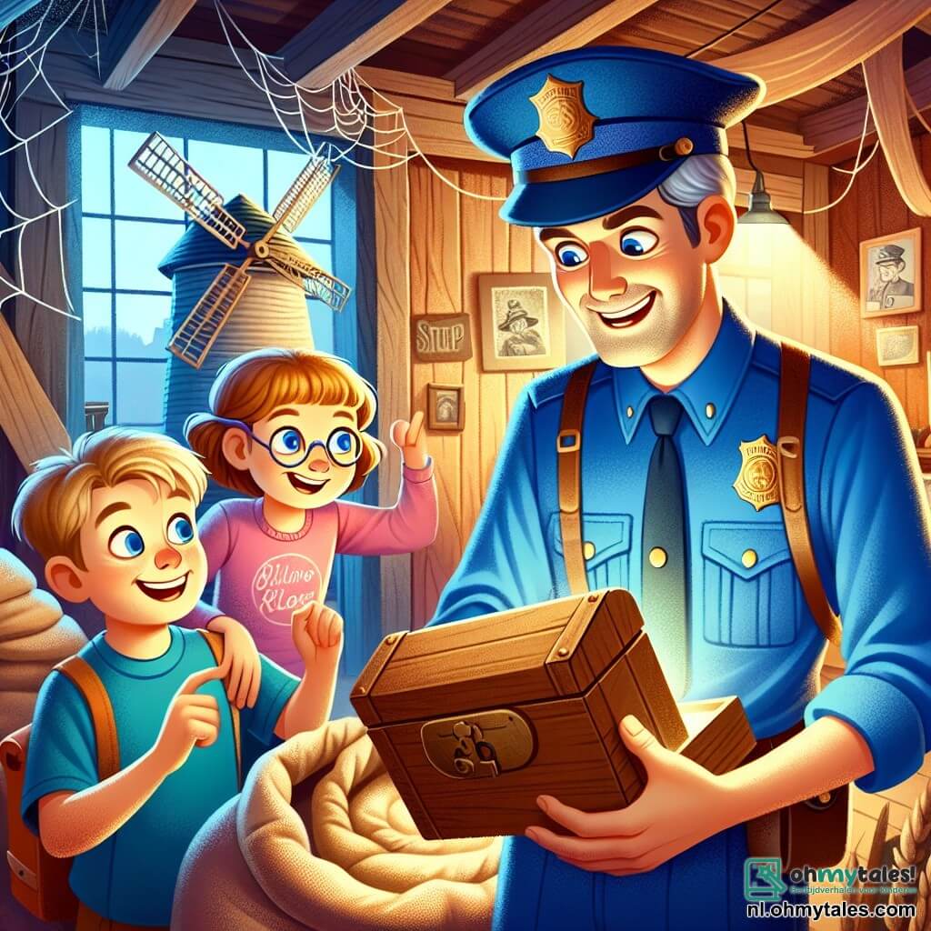 Een glimlachende politieagent, een man van dertig jaar, met een blauwe pet en een goed passend uniform, staat voor een oude houten molen, met glinsterende ogen van opwinding. Hij onderzoekt een oude doos die hij net heeft ontdekt, zijn gezicht straalt nieuwsgierigheid en trots uit. Naast hem kijkt een 10-jarig meisje, Lisa, met ronde bril en een roze t-shirt, verwonderd naar de doos, met een stralende glimlach op haar gezicht. Een 9-jarige jongen, Timmy, met een scheve pet en een blauwe short, wijst naar een oude foto die hij heeft gevonden, zijn blik vol enthousiasme. De scène speelt zich af binnen in de oude molen, waar het licht door de stoffige ramen valt en spinnenwebben en oude molenaarsgereedschappen verlicht. In deze illustratie ontdekken de politieagent en de kinderen samen schatten uit het verleden, terwijl ze een moment van kameraadschap en avontuur delen, omringd door de geschiedenis van hun dorp.