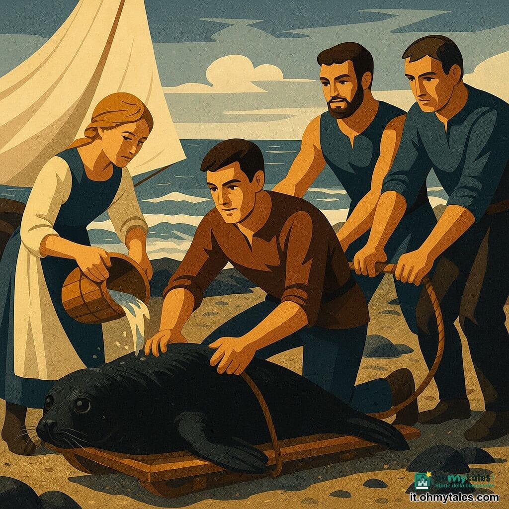 Un giovane (18–22 anni), viso ovale, capelli castani corti e pelle abbronzata, s'inginocchia vicino a una grande foca nera lucida, mani bagnate mentre passa una corda attorno a una slitta di legno bassa; un ragazzo adolescente (Bjorn, ~20 anni), spalle larghe e barba nascente, spinge la slitta da destra; una ragazza adolescente (Sigrid, ~17 anni), capelli biondi intrecciati, tiene un secchio di legno e bagna la foca da sinistra vicino alla vela stesa; un uomo più anziano (Kári, ~35 anni), volto serio e capelli scuri, fissa una corda sullo sfondo per stabilizzare la slitta. La foca è grande, pelle nera lucente e occhi bagnati, sdraiata su una vela bagnata sulla slitta. Luogo: spiaggia di ghiaia e sabbia scura, scogli levigati, onde bianche e cielo grigio-blu con vento che gonfia la vela; atmosfera di sforzo comune per riportare la foca ferita al mare, muscoli tesi, corde tirate, spruzzi e granelli di sabbia. Stile: colori ricchi e contrastati, forme geometriche nette, linee decorative in stile art déco, texture marine dettagliate e luce soffusa e drammatica.