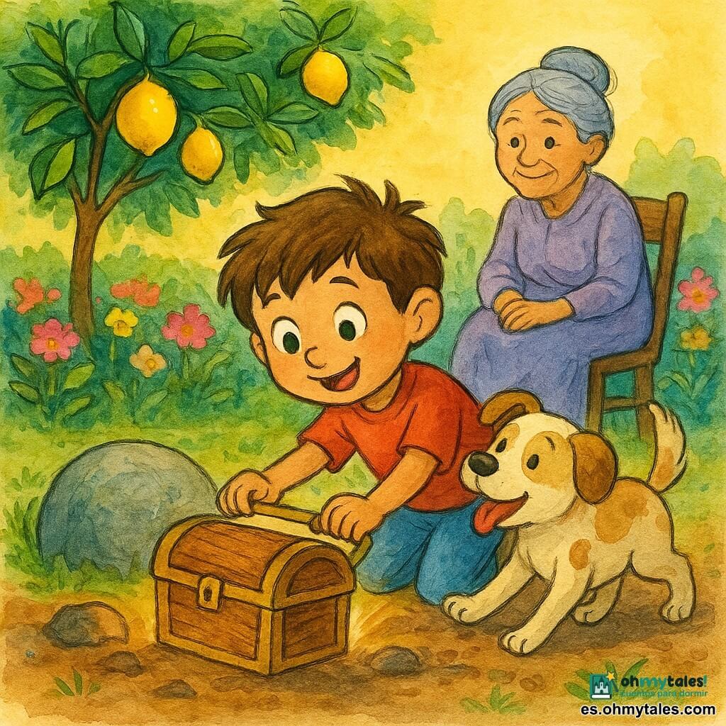 Un niño de 4 años, ojos grandes y curiosos, pelo castaño despeinado y sonrisa maravillada, tira suavemente de un pequeño cofre de madera brillante escondido bajo una piedra junto a un gran limonero. Un perro mediano de pelaje crema con manchas caramelo mueve la cola y empuja la piedra con las patas. Una mujer de unos 70 años, cabello gris recogido en moño y mirada dulce, está sentada en una silla junto a un parterre de flores observando con ternura. El jardín es luminoso, suelo húmedo, flores rosas, amarillas y violetas, una piedra lisa semienterrada y un limonero con hojas verdes y limones amarillos. La luz dorada que sale del cofre abierto revela rostros de alegría y complicidad; la atmósfera es cálida y segura.