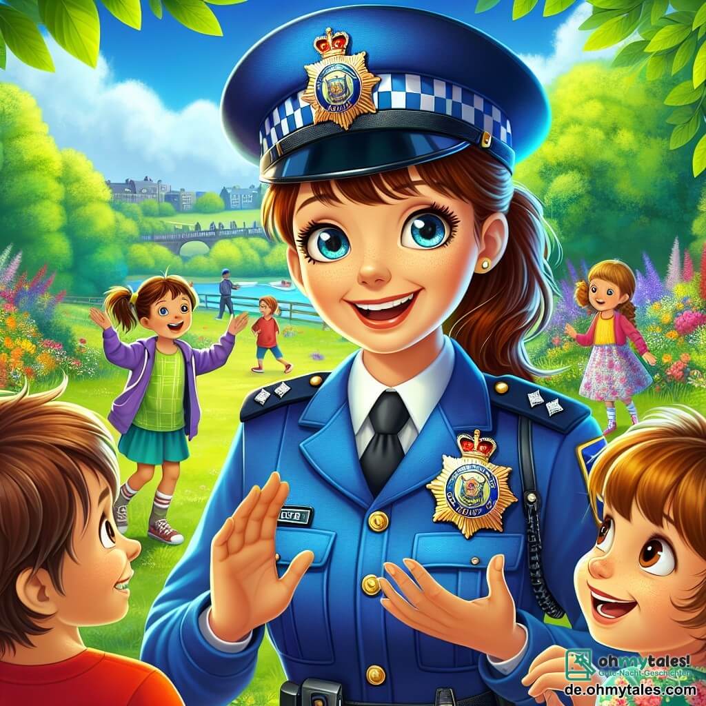 Eine lächelnde Polizistin in einer leuchtend blauen Uniform und mit einer Mütze steht im Mittelpunkt des Bildes, umgeben von Kindern. Sie hat braune Haare zu einem Pferdeschwanz gebunden und strahlende Augen. Begeistert erklärt sie ihren Beruf, gestikuliert mit einer Hand und hält in der anderen ein kleines Polizeibuch. Links von ihr hört ein etwa 8-jähriger Junge namens Max mit zerzausten blonden Haaren und einem roten T-Shirt aufmerksam zu, seine Augen weit aufgerissen vor Staunen. Rechts von ihr hebt ein 7-jähriges Mädchen mit braunen Zöpfen und einem Blumenkleid die Hand, um eine Frage zu stellen, und lächelt breit. Die Szene spielt in einem grünen Park mit majestätischen Bäumen, bunten Blumen und einem strahlend blauen Himmel. Im Hintergrund spielen Kinder, was eine fröhliche und lebendige Atmosphäre schafft. Die Hauptsituation zeigt die Polizistin, die fesselnde Geschichten über ihren Beruf mit den Kindern teilt, die gebannt und engagiert sind, und so einen magischen Moment des Lernens und der Kameradschaft schafft.