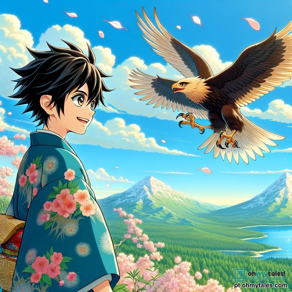 Haruki, um garoto de doze anos com cabelos negros como a noite e olhos brilhantes, está no topo de uma montanha, com o rosto iluminado por um misto de admiração e determinação. Ele usa um quimono tradicional com padrões florais que flutua levemente ao vento, olhando para o horizonte com um sorriso radiante, pronto para saltar no vazio. Ao seu lado, Sora, uma majestosa águia de penas douradas e olhos penetrantes, plana no ar, observando Haruki com benevolência, pronta para encorajá-lo em seu salto audacioso, com as asas abertas, criando um contraste impressionante com o céu azul. O cenário é uma montanha verdejante, salpicada de cerejeiras em flor, cujas pétalas rosas caem suavemente como neve. Ao fundo, um céu claro e ensolarado se estende até onde a vista alcança, enquanto embaixo, o vale está repleto de rios cintilantes e campos coloridos. A cena principal mostra Haruki, prestes a saltar no vazio, simbolizando o momento em que ele deve superar seus medos para descobrir a liberdade e a sabedoria do vento.