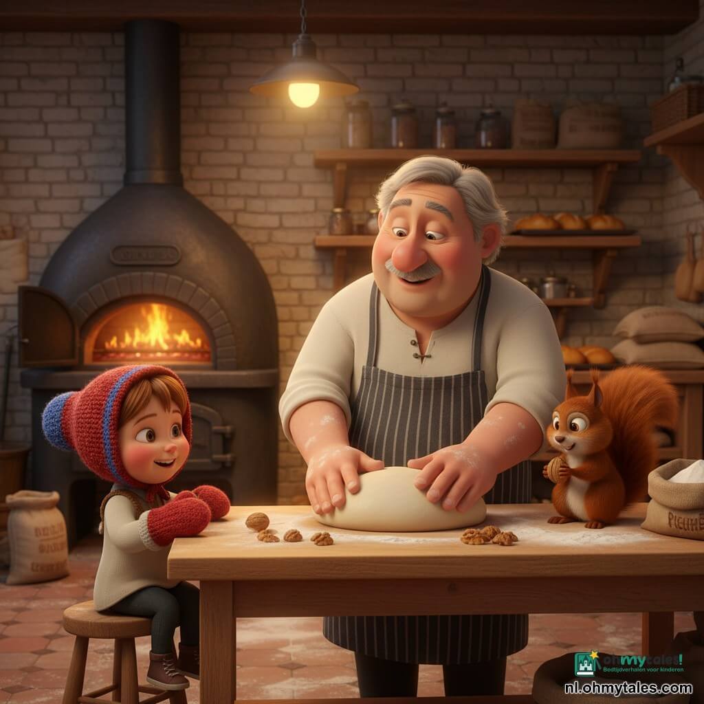 Een vriendelijke, grijze bakkersman met meelige handen kneedt een grote, gladde deegbal op een lichte houten tafel terwijl een ongeveer vijfjarig meisje met een rode want en te grote muts op een krukje links noten telt; een rood eekhoorntje (Piep) met pluimstaart zit op een open meelzak rechts en houdt een noot vast. De warme bakkerij heeft een open gietijzeren oven, een hanglamp met geel licht, lichte bakstenen muren, houten planken met meelzakken, glazen potten en goudbruine broden, een versuikerde tafel en versprenkelde bloem; de bakkers en het meisje delen een tedere glimlach terwijl ze noten verdelen — acht voor het brood, vier voor het eekhoorntje.
