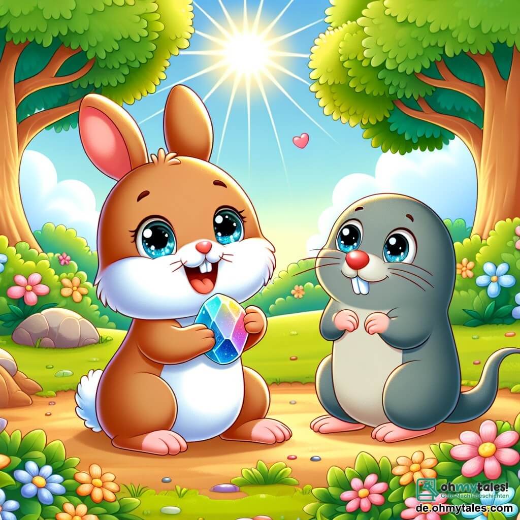 Ein kleiner Hase mit großen Ohren und weichem, braunem Fell, dessen Augen vor Freude strahlen, springt fröhlich auf einer sonnigen Lichtung und hält einen hübschen, bunten Stein in seinen Vorderpfoten. Neben ihm schaut ein grauer Maulwurf mit runden, neugierigen Augen und einem schüchternen Lächeln auf den Hasen und fühlt sich glücklich, an seiner Seite zu sein. Die Lichtung ist von majestätischen Bäumen mit leuchtend grünen Blättern umgeben, und bunte Blumen bedecken den Boden, was eine fröhliche und einladende Atmosphäre schafft. Im Mittelpunkt dieser Szene feiern der Hase und der Maulwurf ihre Freundschaft, indem sie den glänzenden Stein bewundern, den sie gemeinsam gefunden haben, was ihre wertvolle Verbindung und ihr gemeinsames Glück symbolisiert.