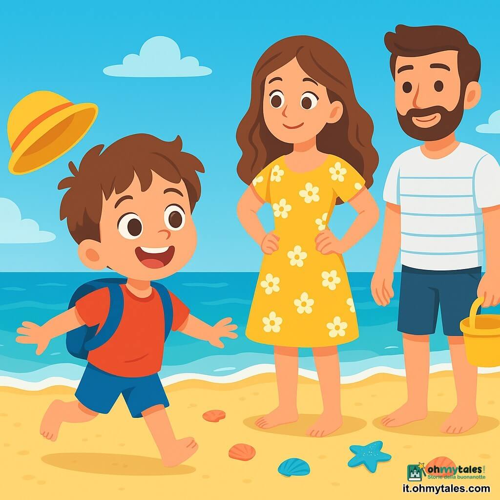 Un bambino di 4 anni, con i capelli castani disordinati e occhi pieni di curiosità, indossa un piccolo cappello giallo e uno zainetto blu. Si trova sulla spiaggia, con i piedi nella sabbia dorata, e un grande sorriso meravigliato sul viso. Accanto a lui, la mamma, una donna di circa 30 anni con capelli lunghi e ondulati, indossa un vestito leggero a fiori e guarda affettuosamente il figlio con le mani sui fianchi. Più in là, il papà, un uomo di circa 35 anni con una leggera barba e una maglietta a righe, tiene un secchiello e una paletta, pronto ad aiutare il figlio a costruire un castello di sabbia. La scena si svolge su una spiaggia soleggiata, con onde dolci che lambiscono la riva, conchiglie colorate sparse sulla sabbia e un cielo blu brillante punteggiato da alcune nuvole bianche e soffici. Il bambino guarda con eccitazione il suo cappello giallo volato via a causa del vento e che galleggia vicino all'acqua, mentre i genitori lo incoraggiano a stare attento e a chiedere aiuto per recuperarlo.