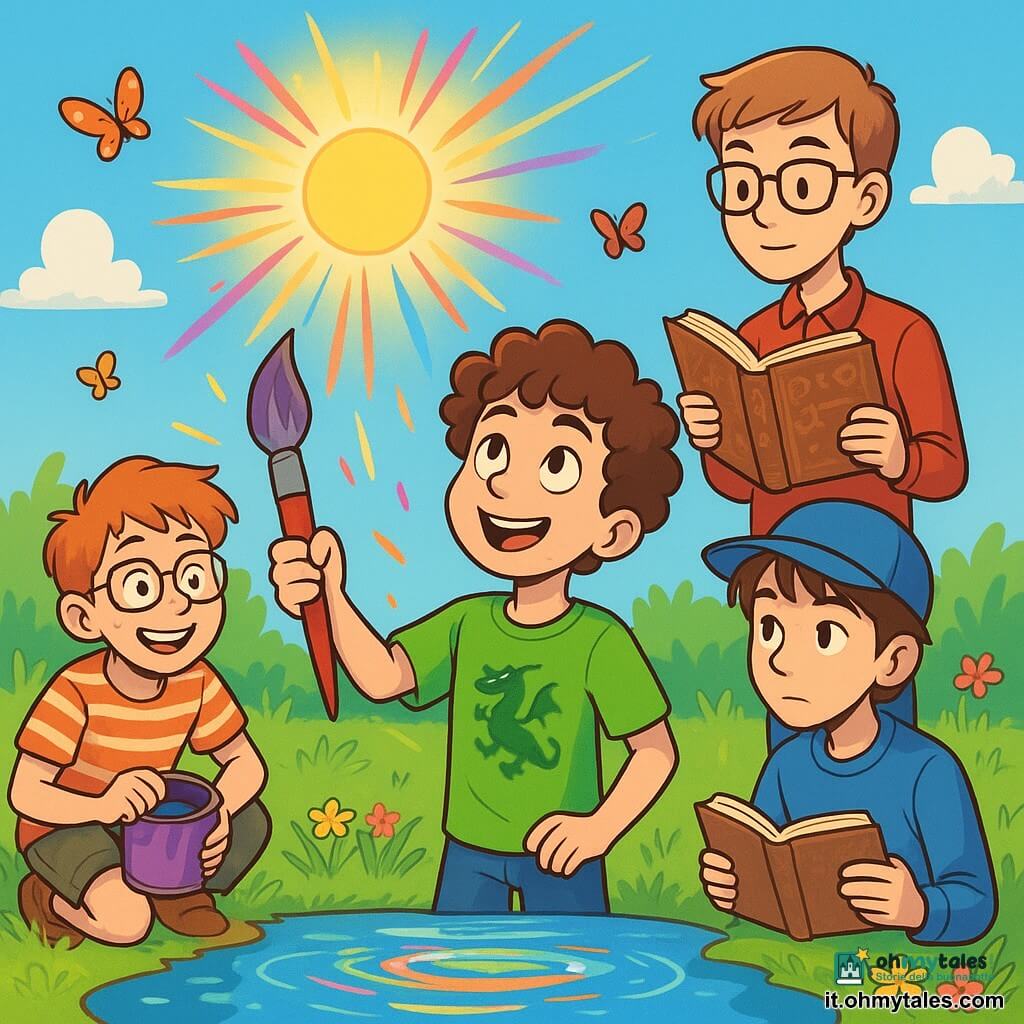 Ci sono 4 bambini: - Tommi: un ragazzo di 12 anni con capelli ricci e una maglietta verde brillante con un drago. Tiene un grande pennello e guarda il cielo con un sorriso furbo, in piedi al centro dell'immagine. - Riki: un ragazzo di 12 anni con lentiggini, che indossa una camicia a righe e occhiali leggermente storti. È accovacciato a sinistra, con un barattolo di vernice viola e un'espressione divertita. - Sami: un ragazzo di 12 anni, calmo e riflessivo, con capelli lisci e un cappellino blu. È a destra, tiene un taccuino e osserva attentamente il riflesso nell'acqua. - Leo: un ragazzo di 12 anni, alto e magro, con occhiali e un quaderno pieno di formule. È dietro Tommi, mentre legge un libro antico con simboli strani, concentrato. Il luogo è uno stagno tranquillo, circondato da erbe verdi e fiori colorati, con farfalle che volano. Il cielo è blu chiaro e il sole brilla, proiettando riflessi scintillanti sulla superficie dell'acqua, dove compaiono striature colorate. I bambini stanno realizzando un incantesimo per dipingere il sole con striature colorate, creando un'atmosfera gioiosa e magica.